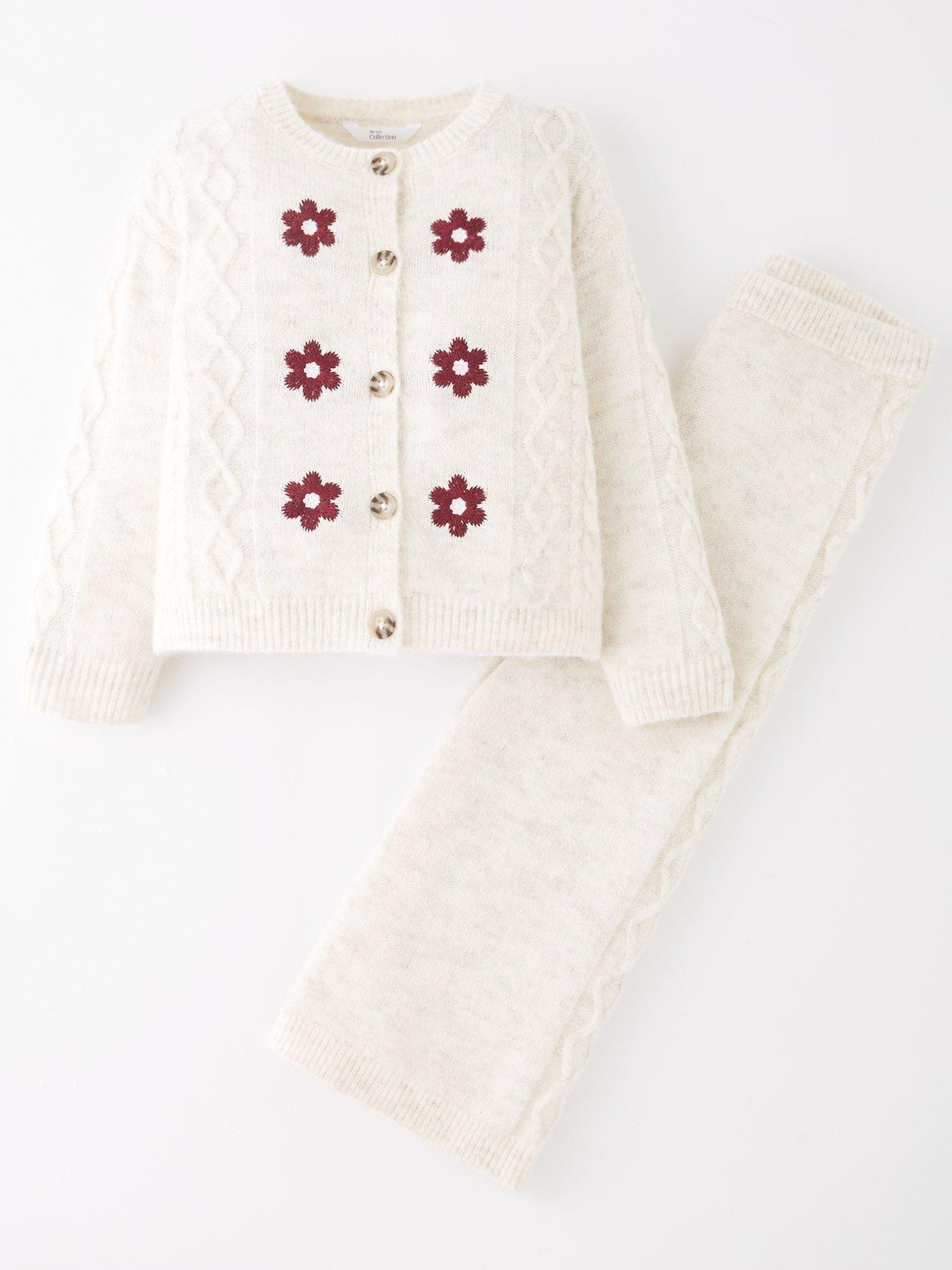 The Very Collection Girls Knitted Embroidered Cardigan With Knitted Wide Leg Trousers - Cream