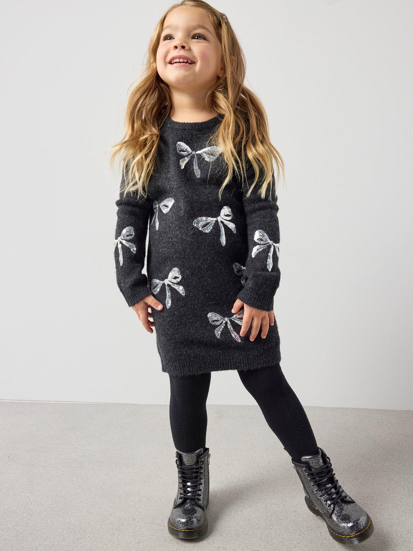 The Very Collection Girls Knitted Bow Sequin Long Sleeve Dress - Black
