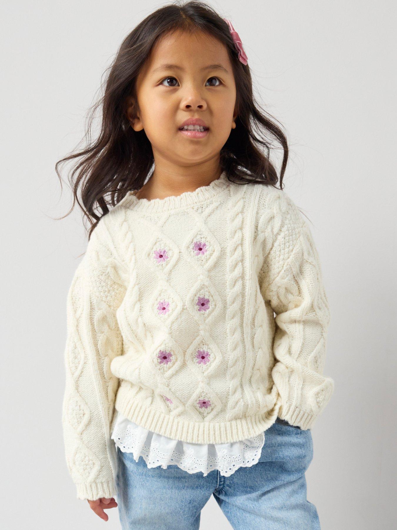The Very Collection Girls Embroidered Floral Cable Knit Jumper With Lace Hem Trim - Cream
