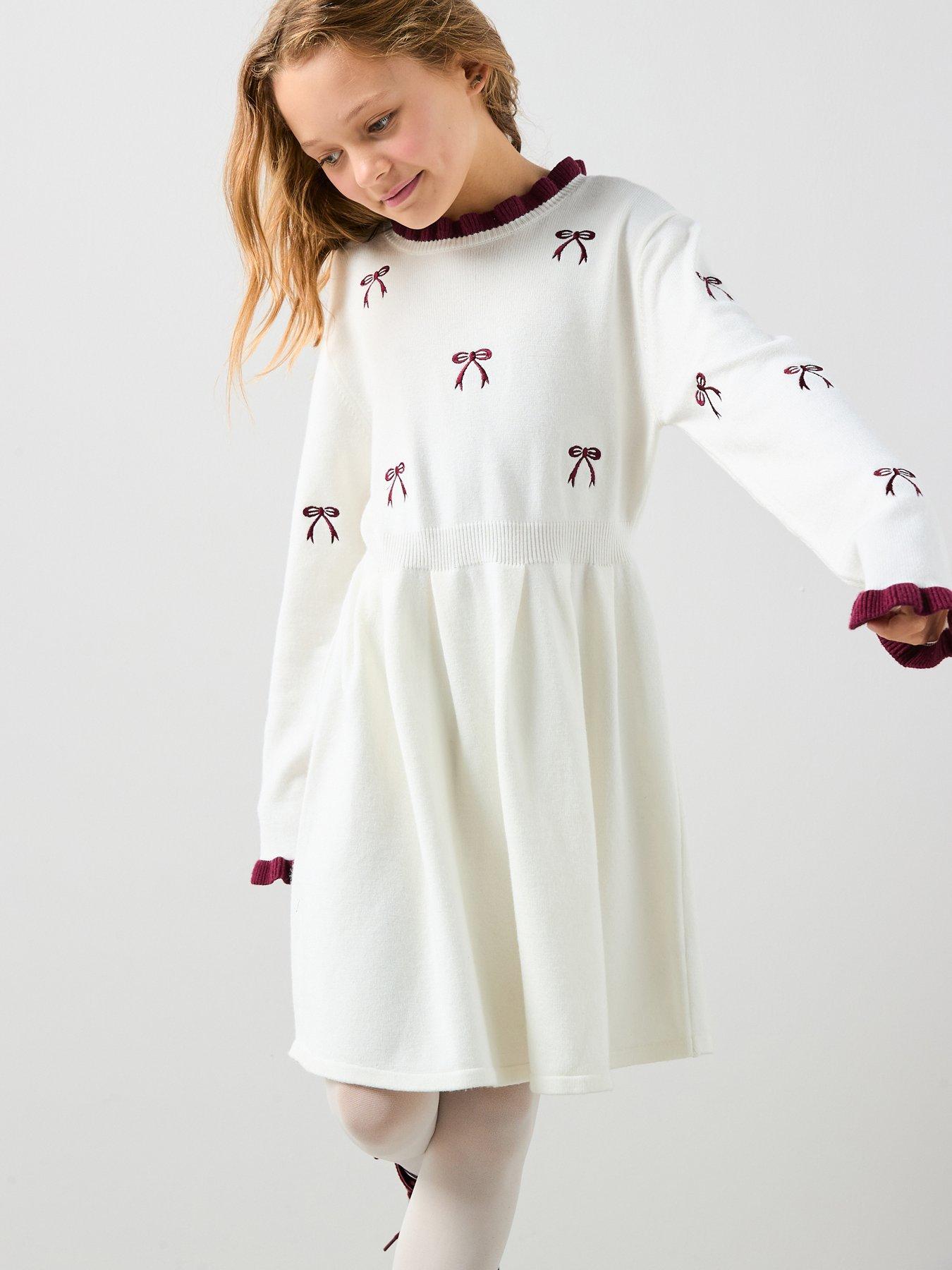 The Very Collection Girls Knitted Bow Dress - Cream