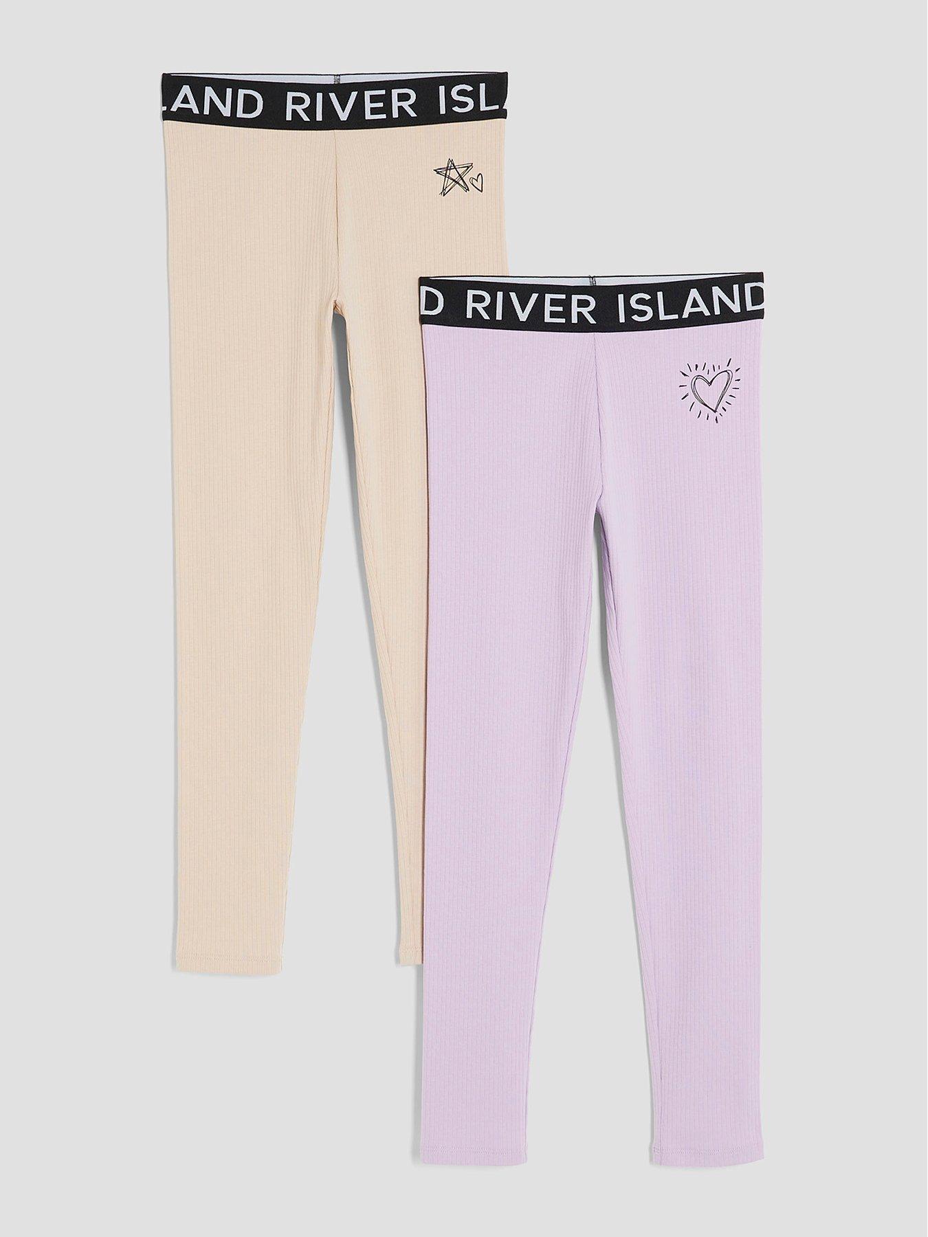 River Island Older Girls 2 Pack Ribbed Waistband Leggings - Beige/Purple
