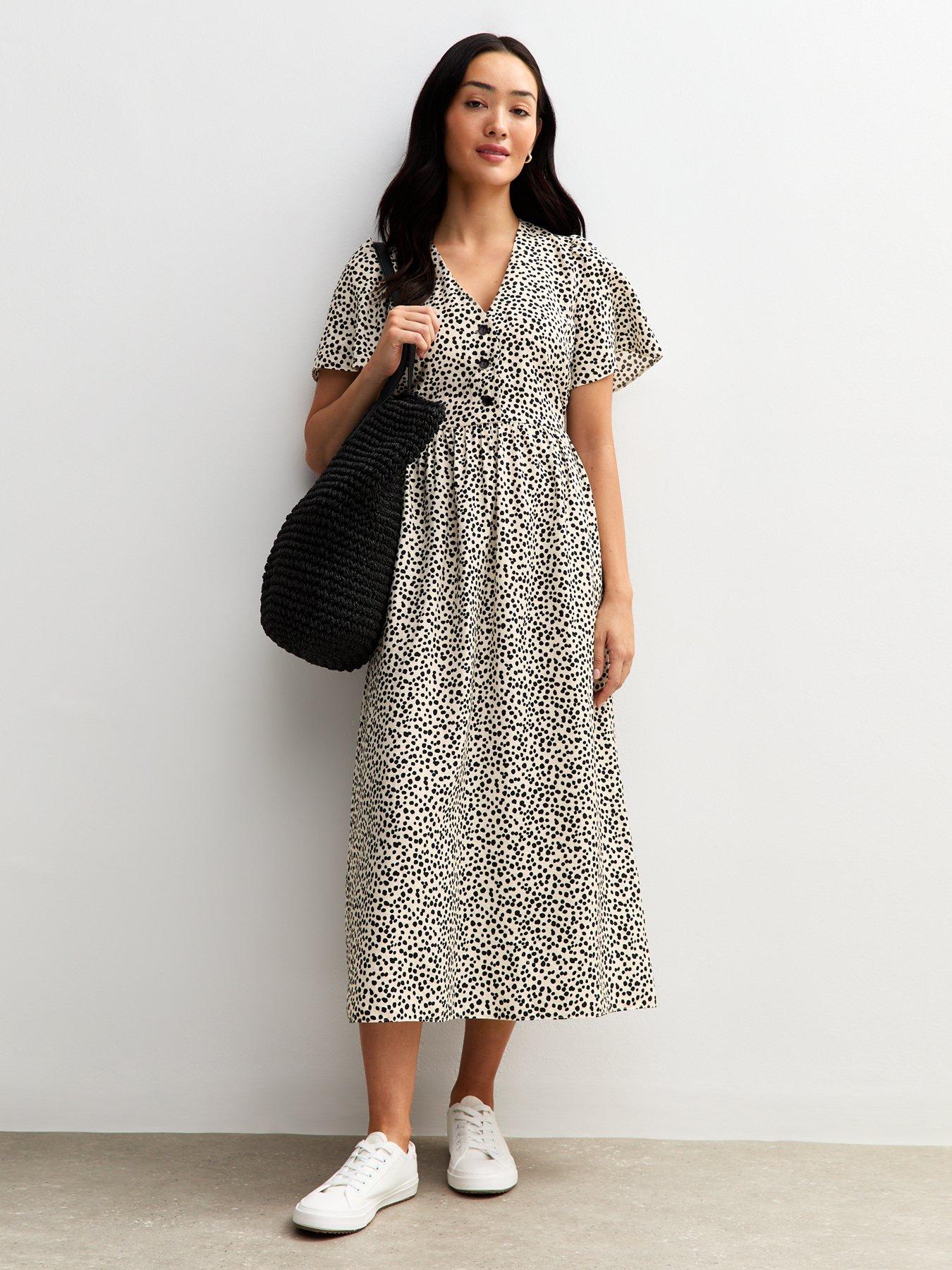 undefined Black Polka Dot Print Flutter Sleeve Midi Dress - Cream