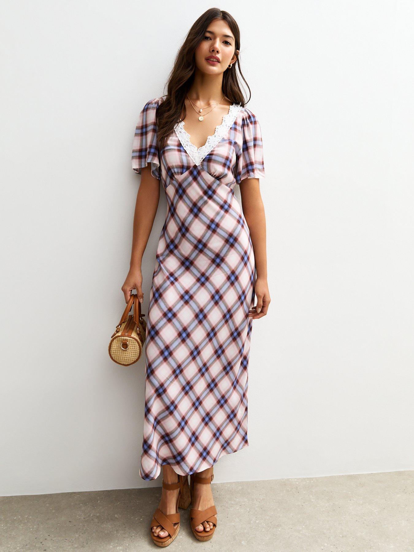 New Look Cream Check Pattern Lace Trimmed Midi Dress