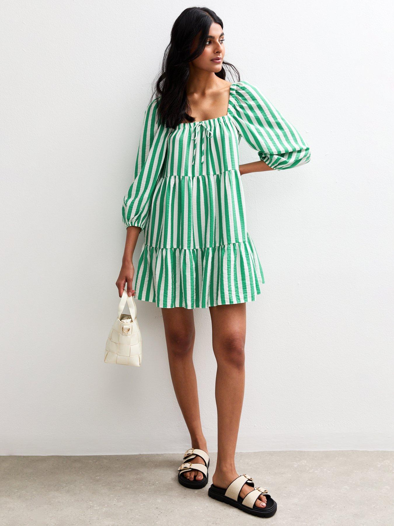 New Look Green Striped Tiered Smock Mini Dress