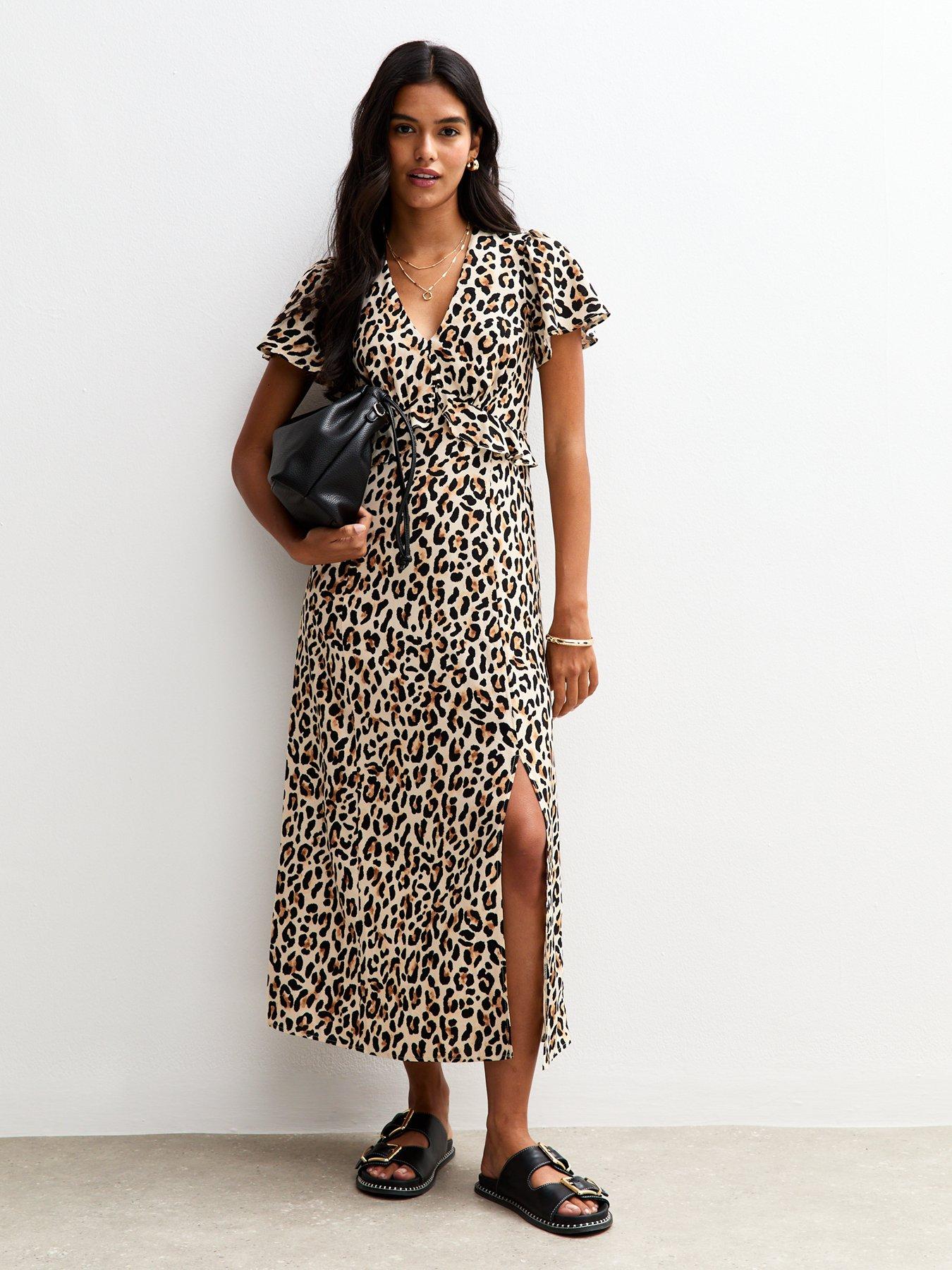 New Look Leopard Print Flutter Sleeve Midi Dress - Brown