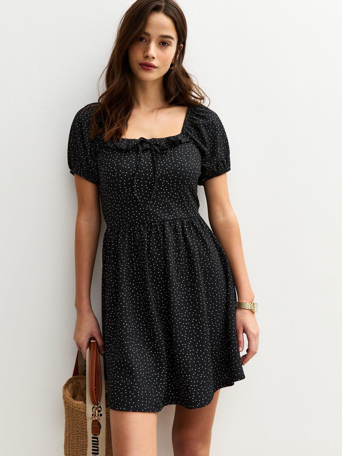 New Look Polly Polka Dot Textured Jersey Milkmaid Mini Dress - Black