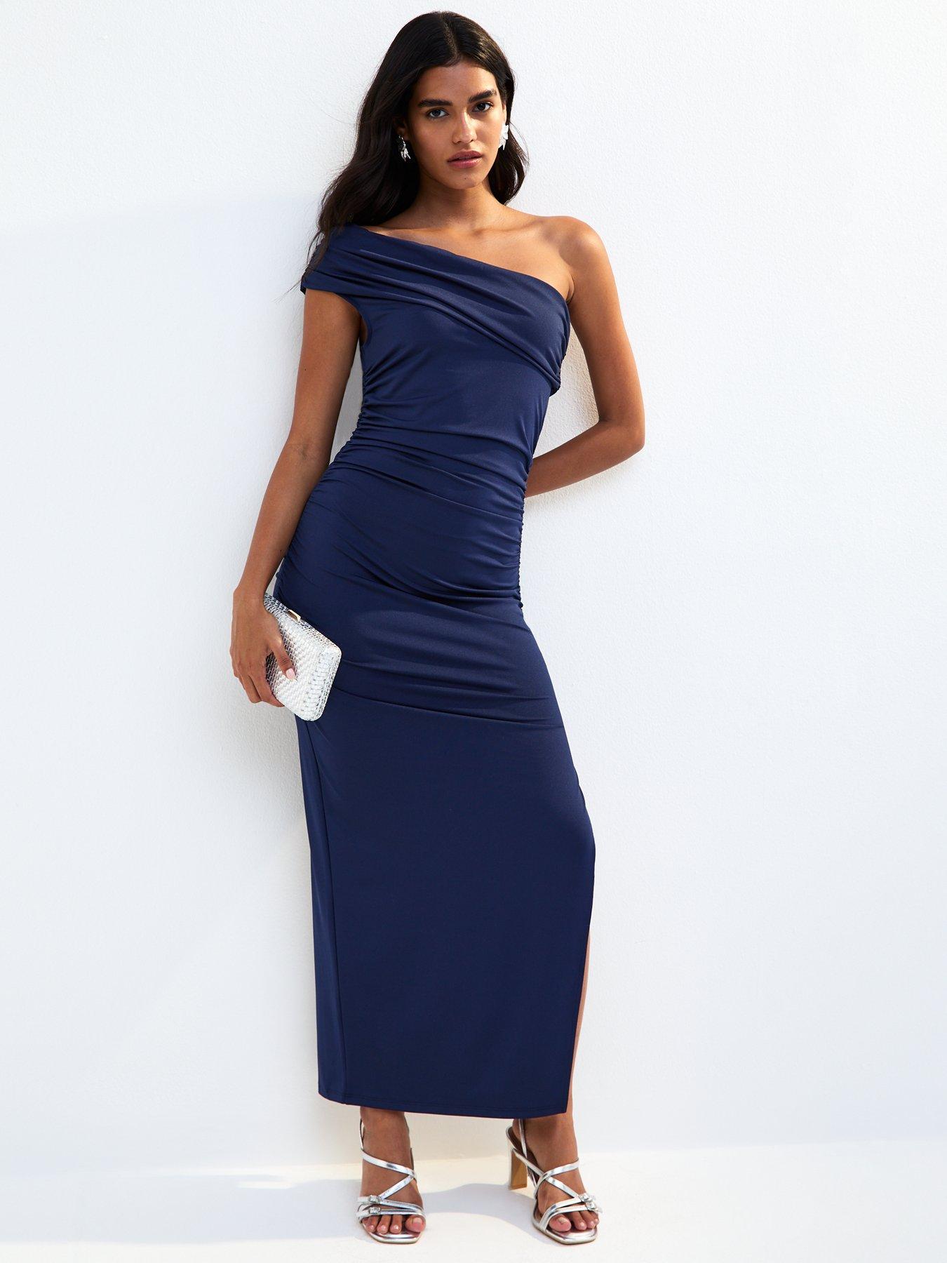 navy blue dress new look New Look Go Basic One Sleeve Ruch Midi Dress - Navy