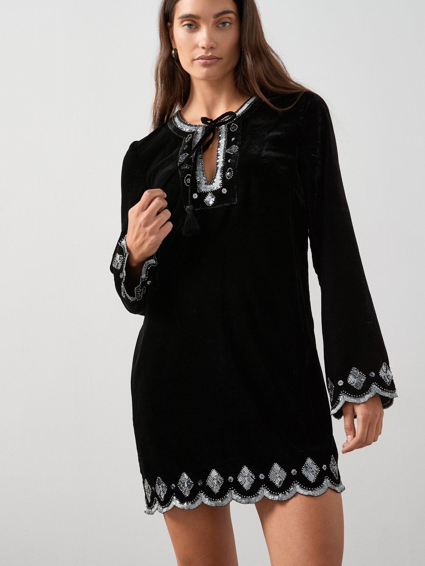 The Very Collection Embellished Trim Velvet Mini Dress - Black