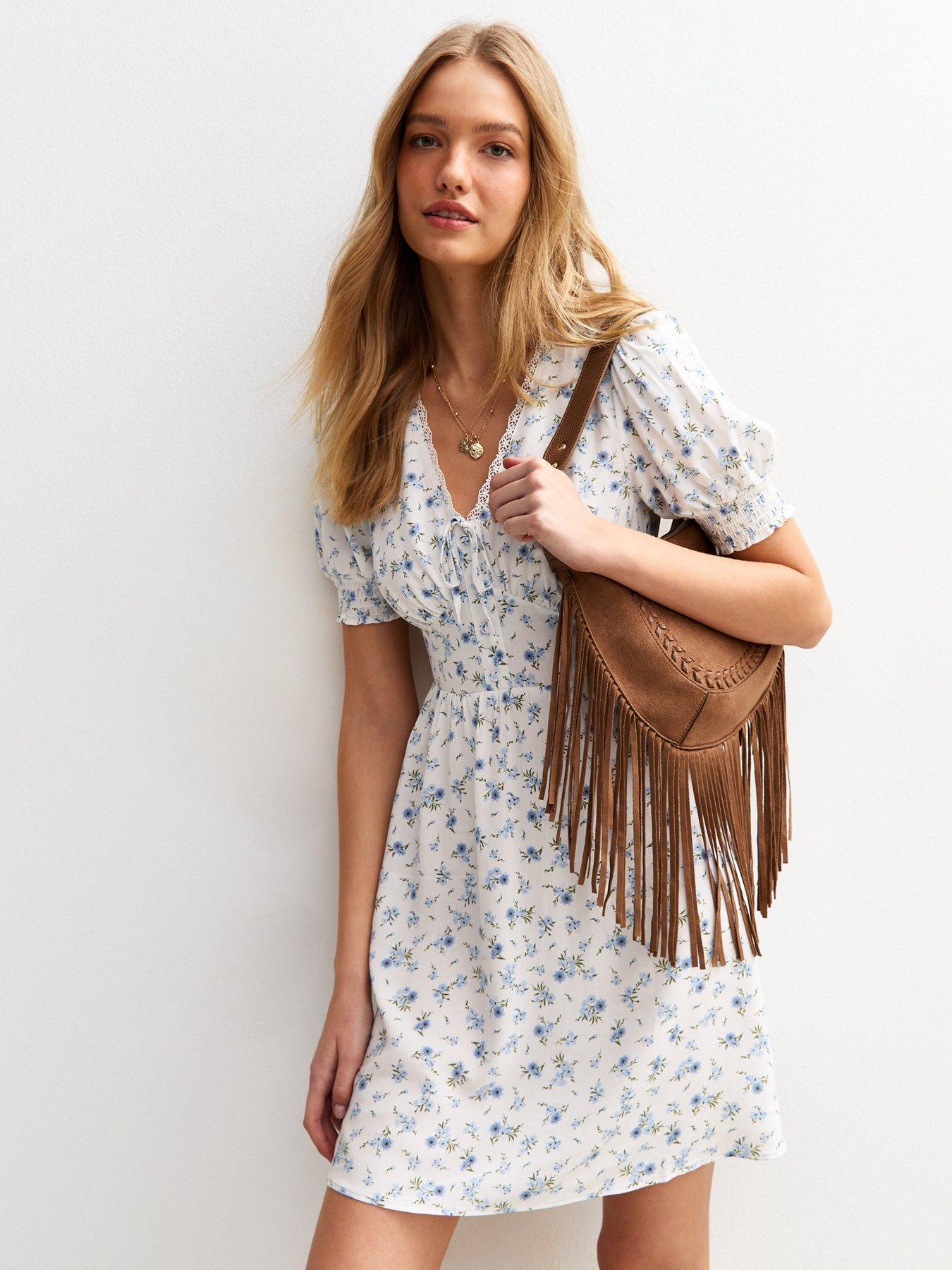 New Look Cream Floral Print Lace Trim Mini Dress