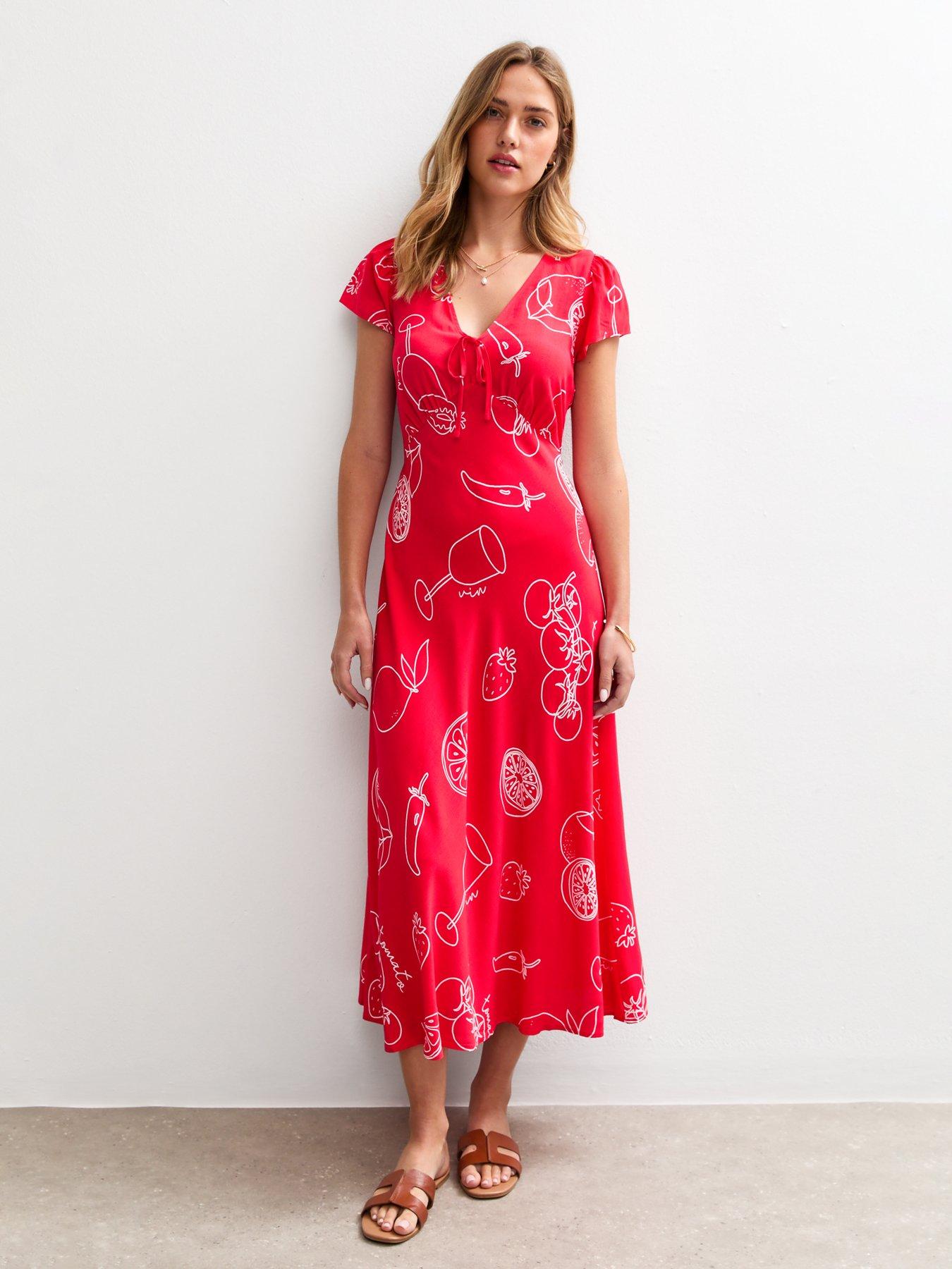 undefined Red Fruit Illustration Print Tie Front Midi Dress