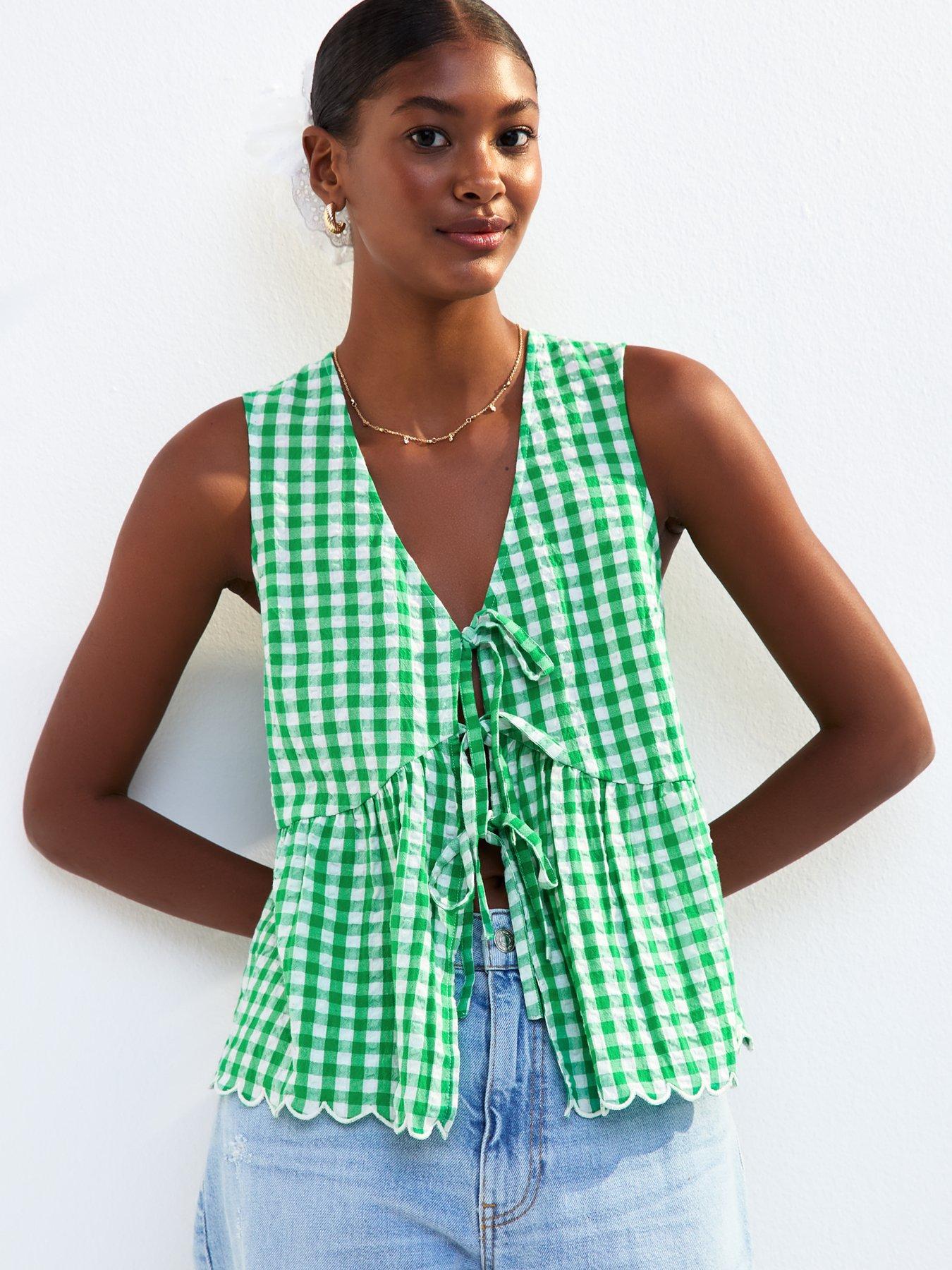 New Look Green Gingham Check Tie Front Top