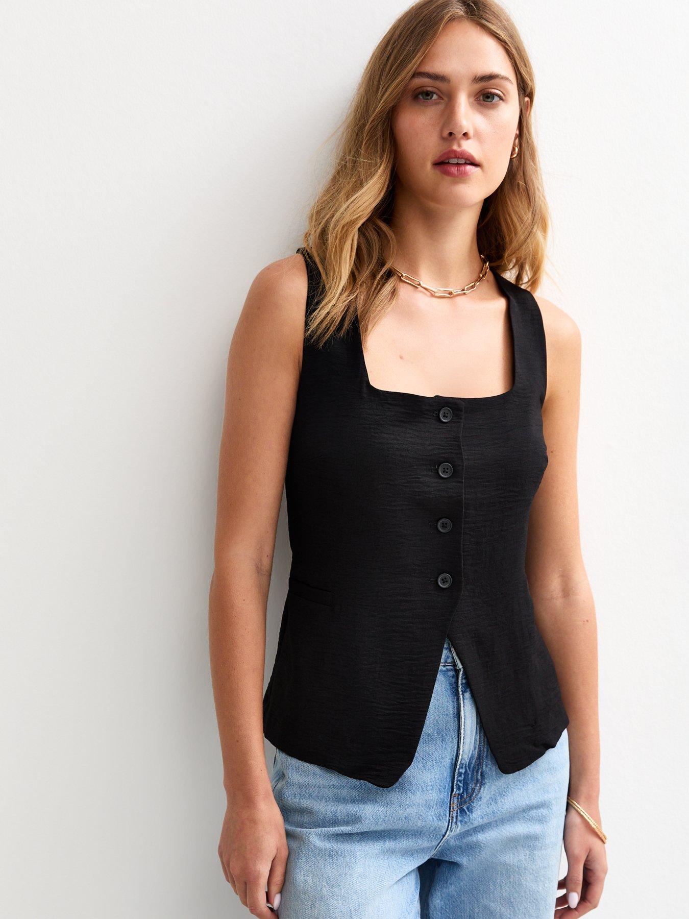 undefined Black Square Neck Textured Button Waistcoat