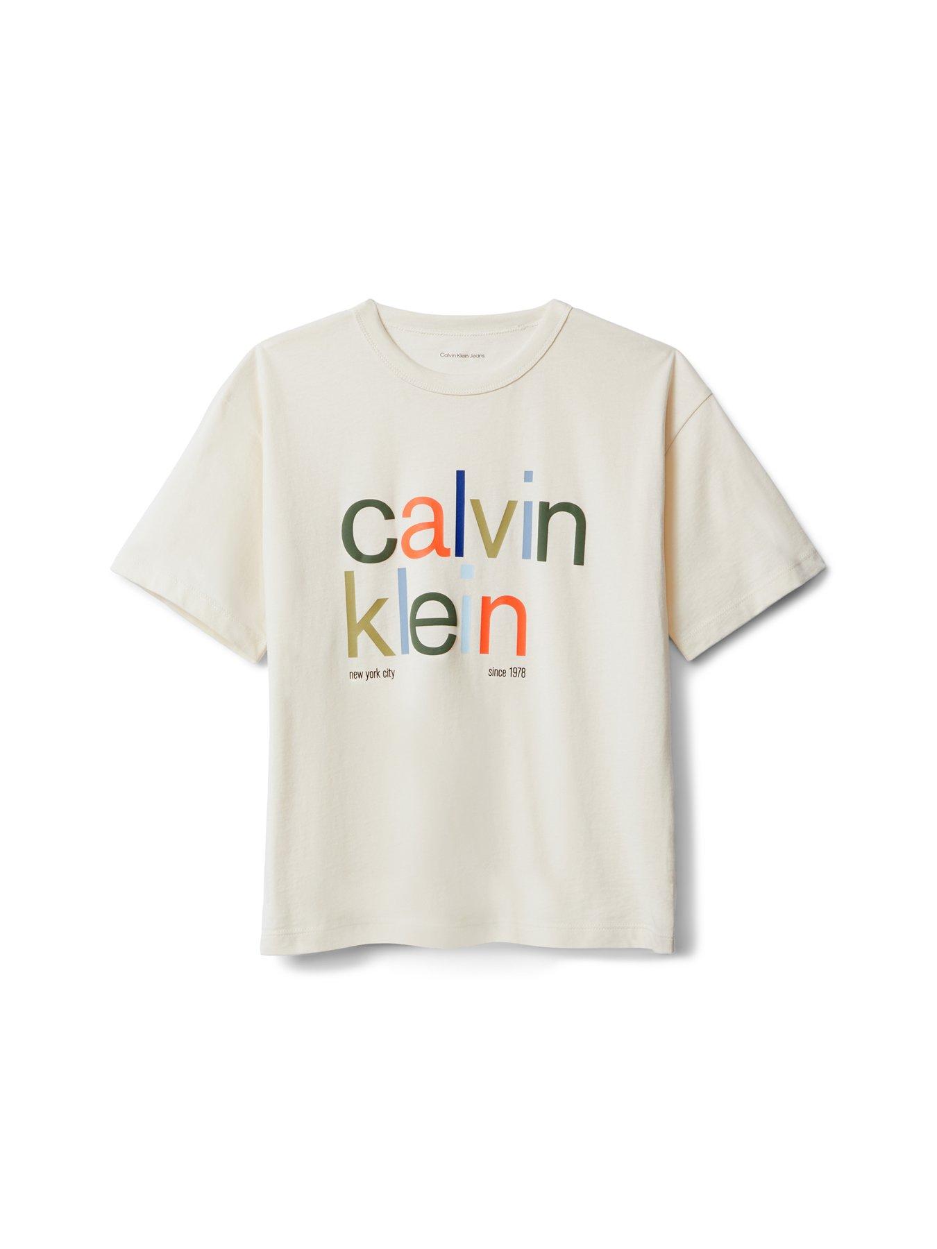 Calvin Klein Jeans Boys Colour Logo Graphic Short Sleeve T-Shirt - Whitecap Gray - Beige