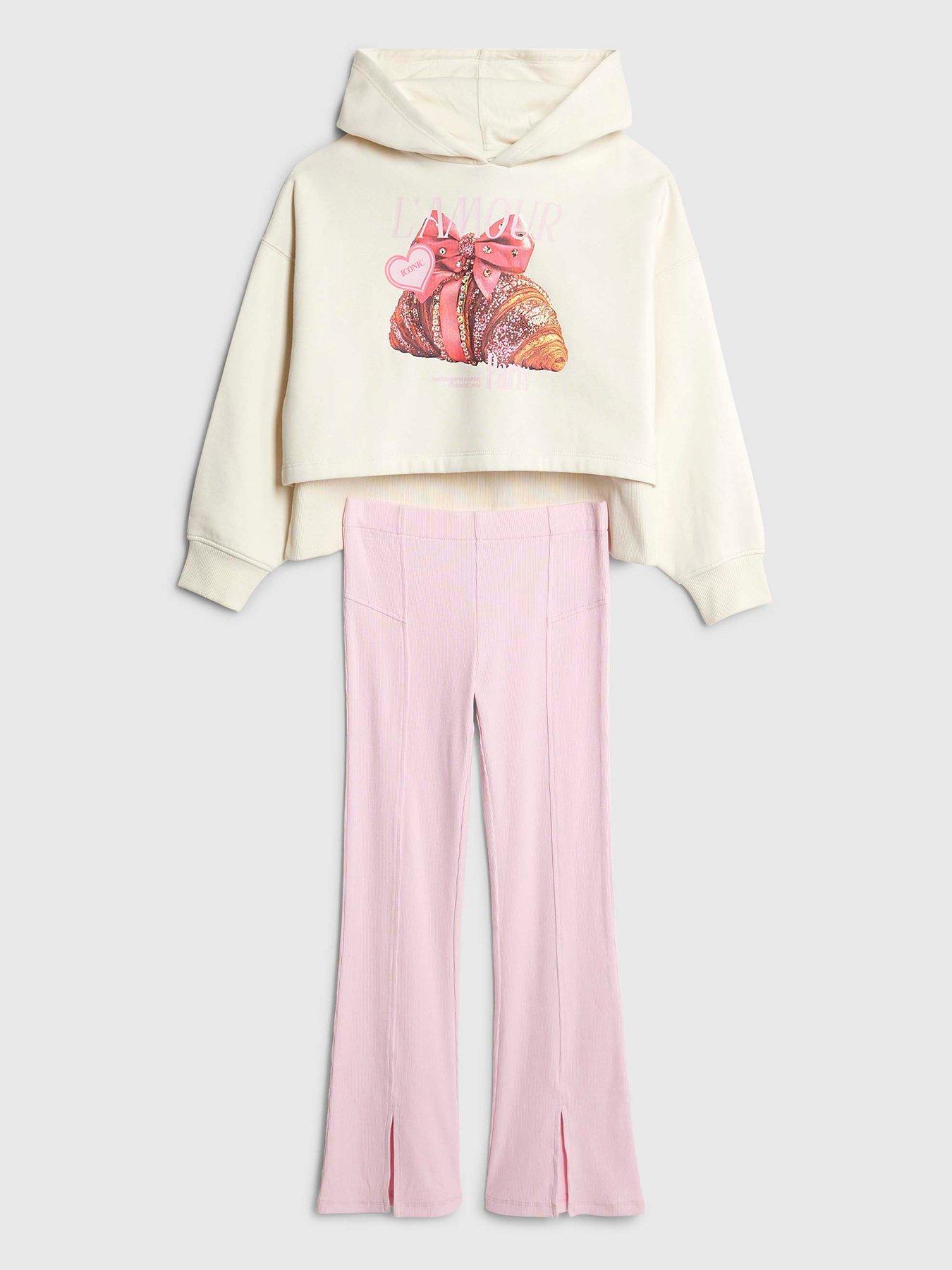 River Island Older Girls Croissant Graphic Bow Hoodie Set - Pink/Grey