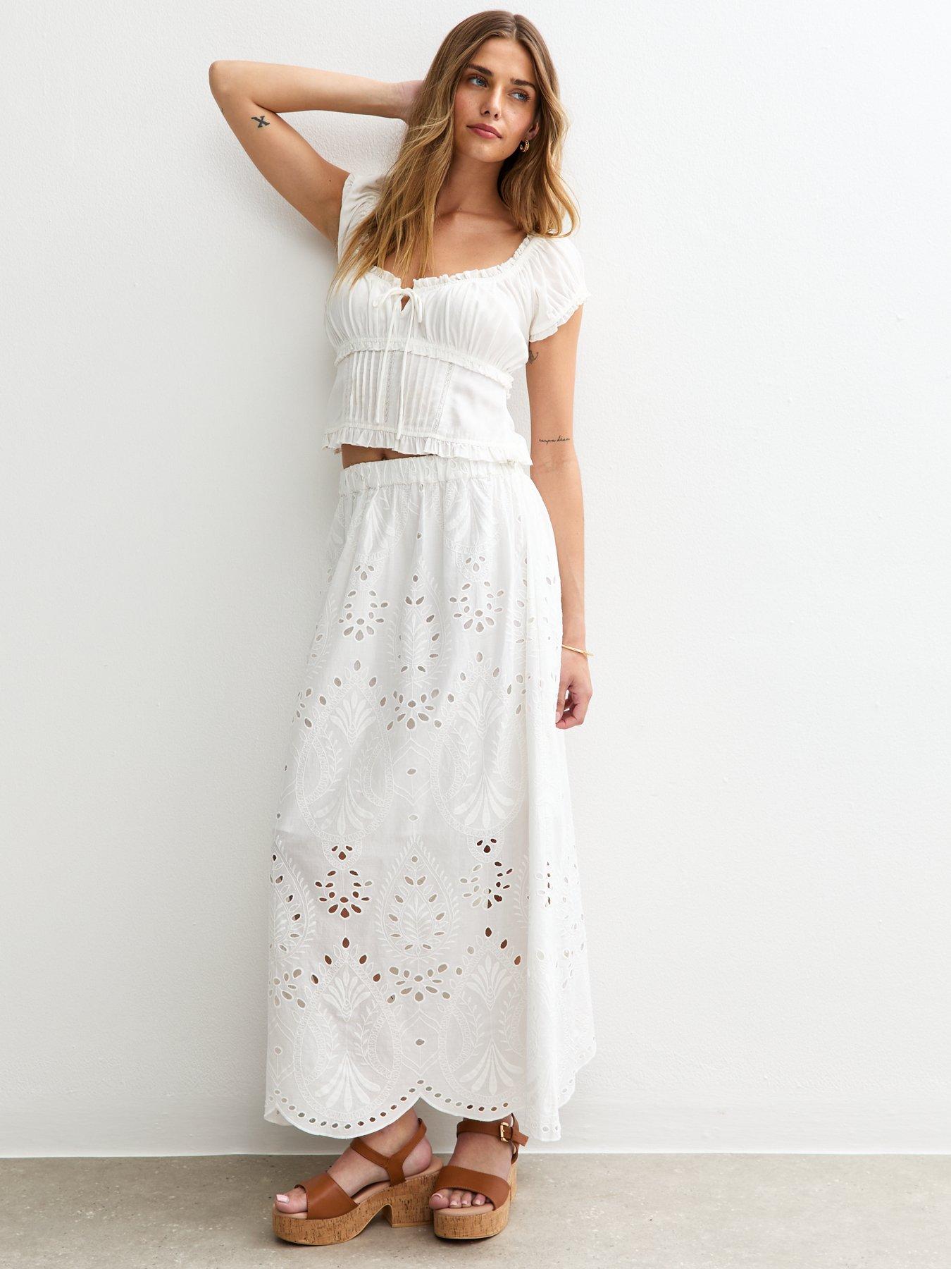 Image 1 of 4 of New Look Embroidered Midi Skirt - White