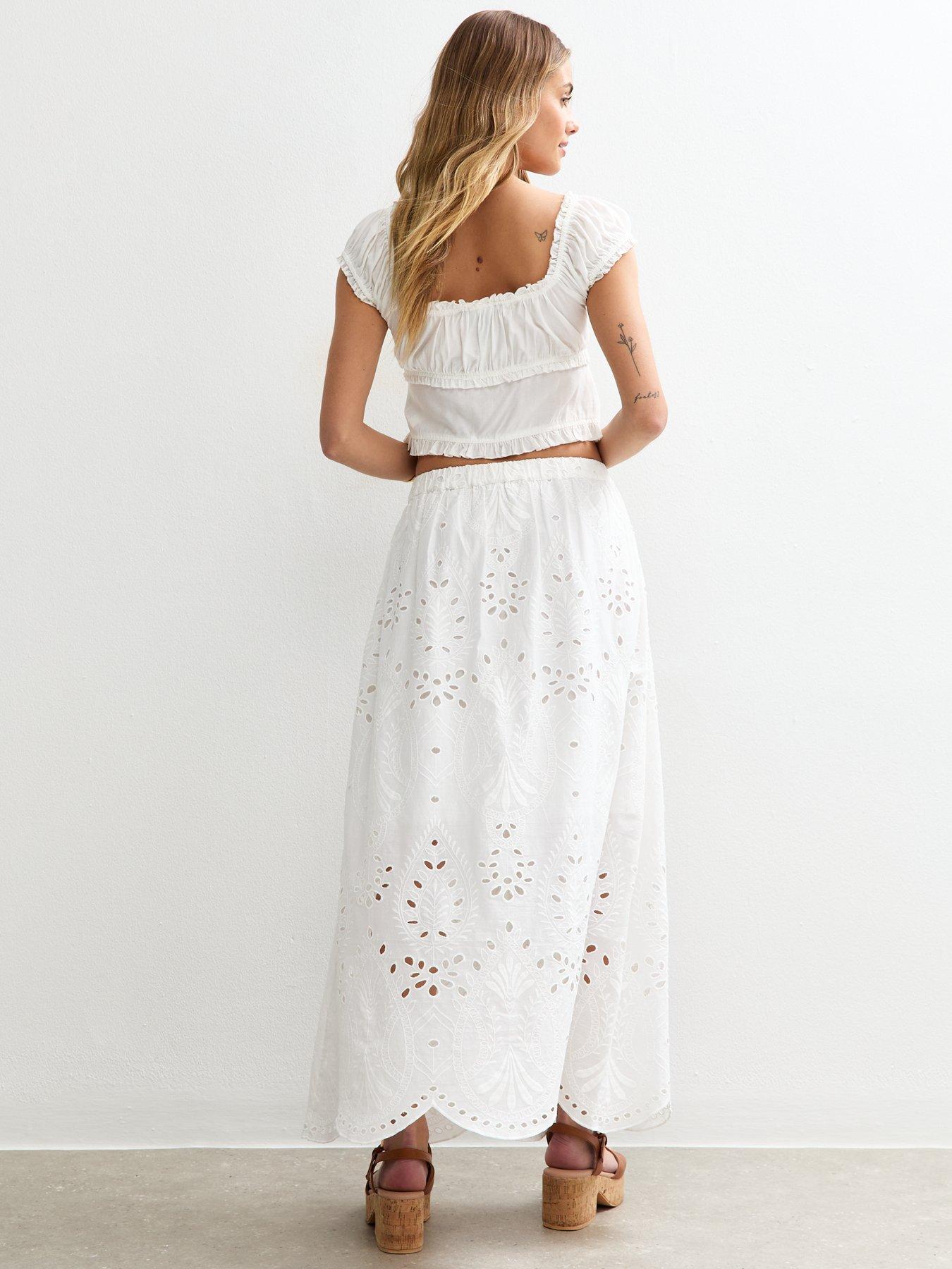 Image 2 of 4 of New Look Embroidered Midi Skirt - White