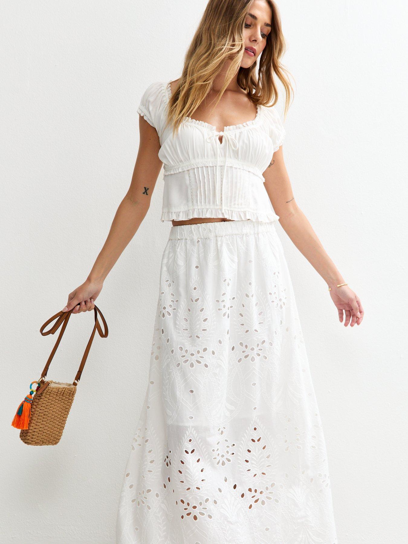 Image 3 of 4 of New Look Embroidered Midi Skirt - White
