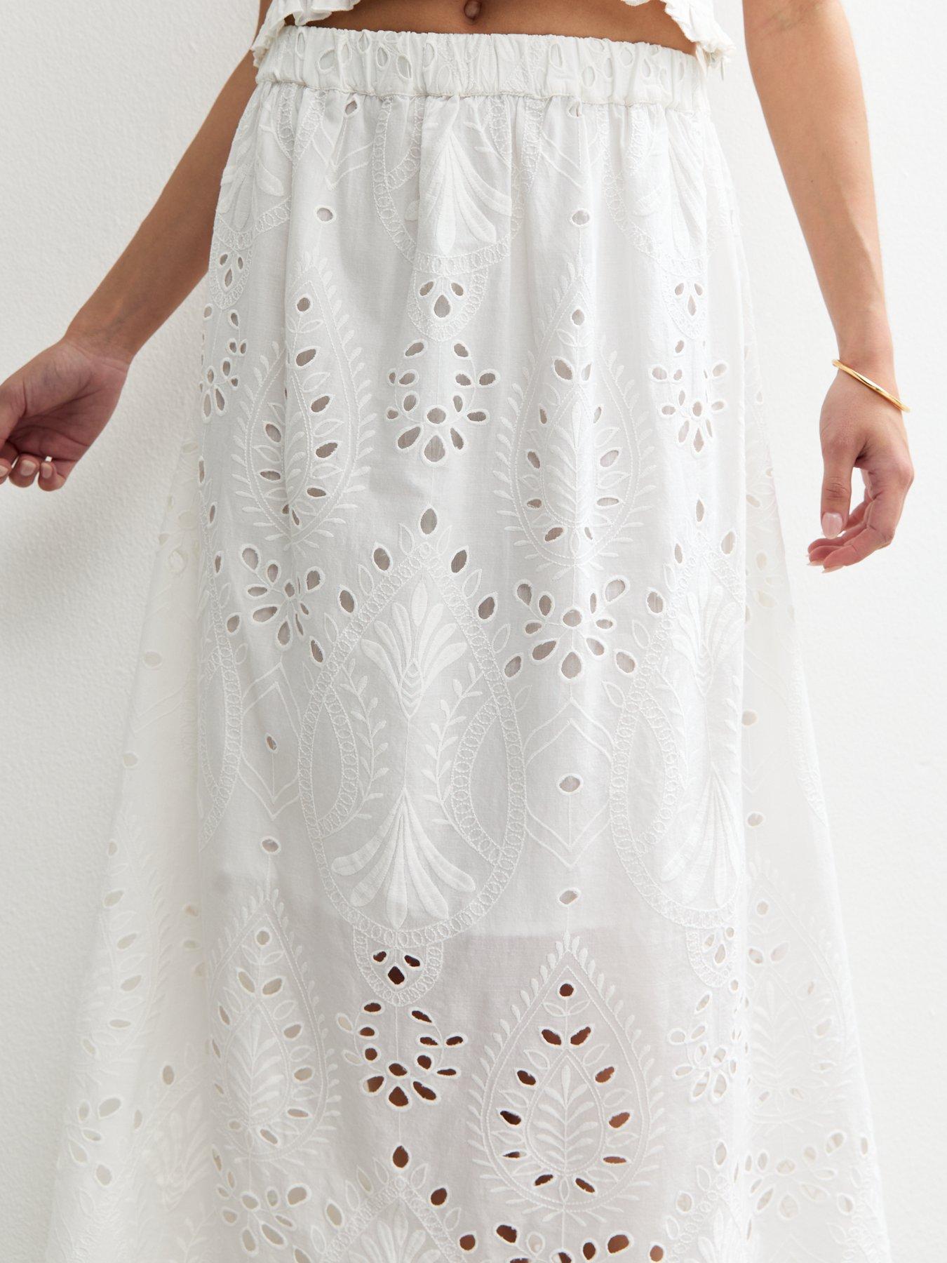 Image 4 of 4 of New Look Embroidered Midi Skirt - White