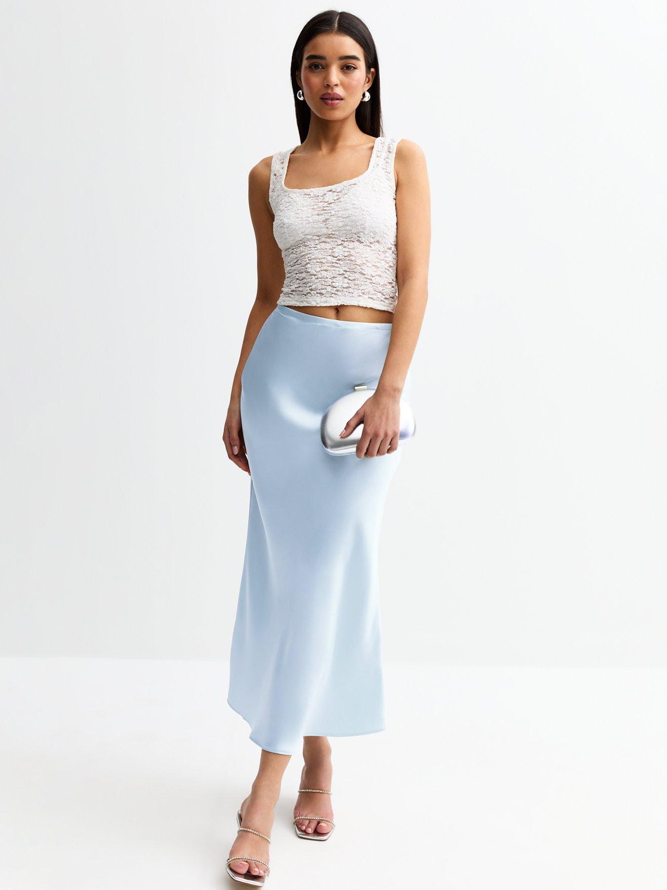 New Look Bias Cut Satin Midi Skirt - Light Blue
