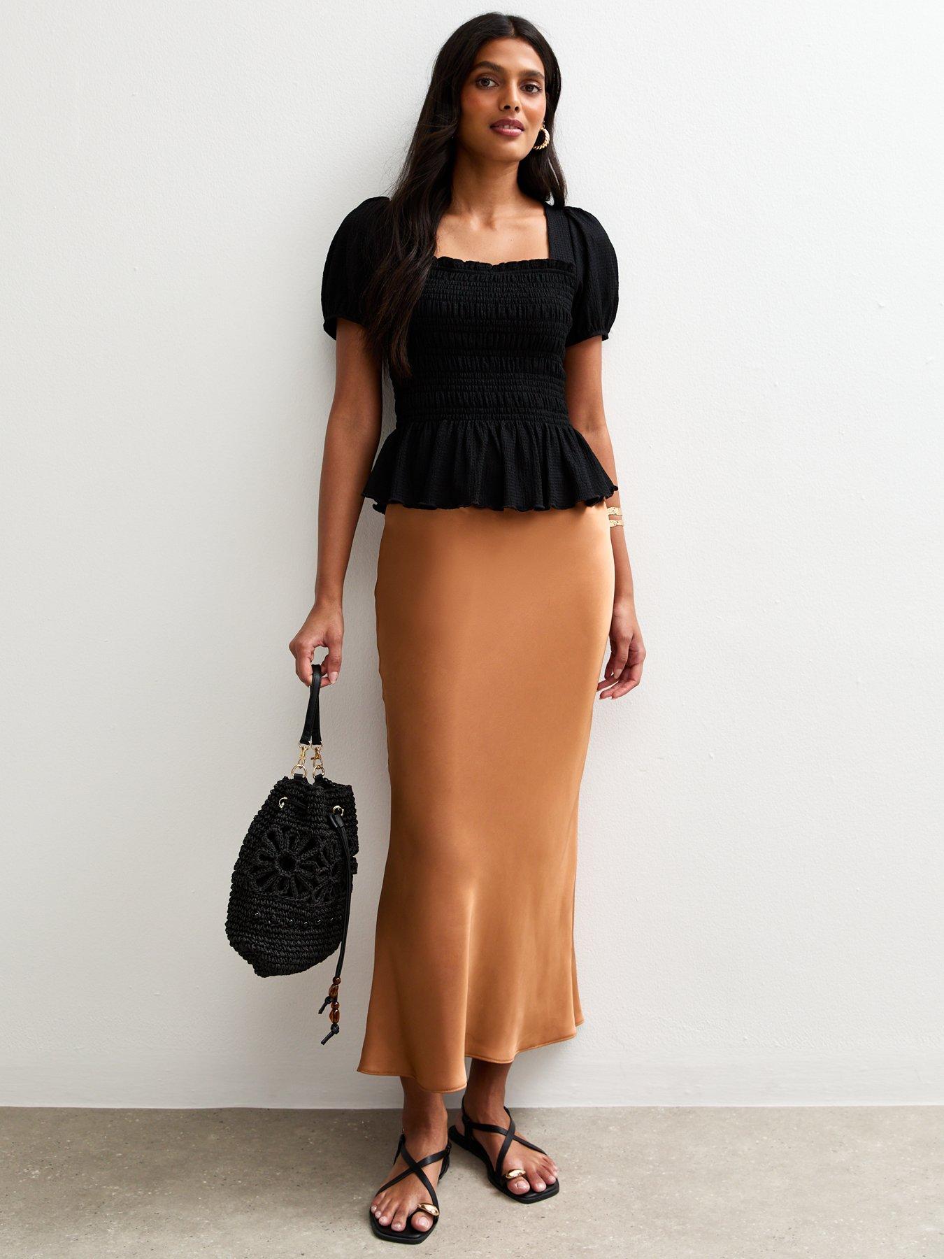 New Look Jasmine Satin Bias Midi Skirt - Orange