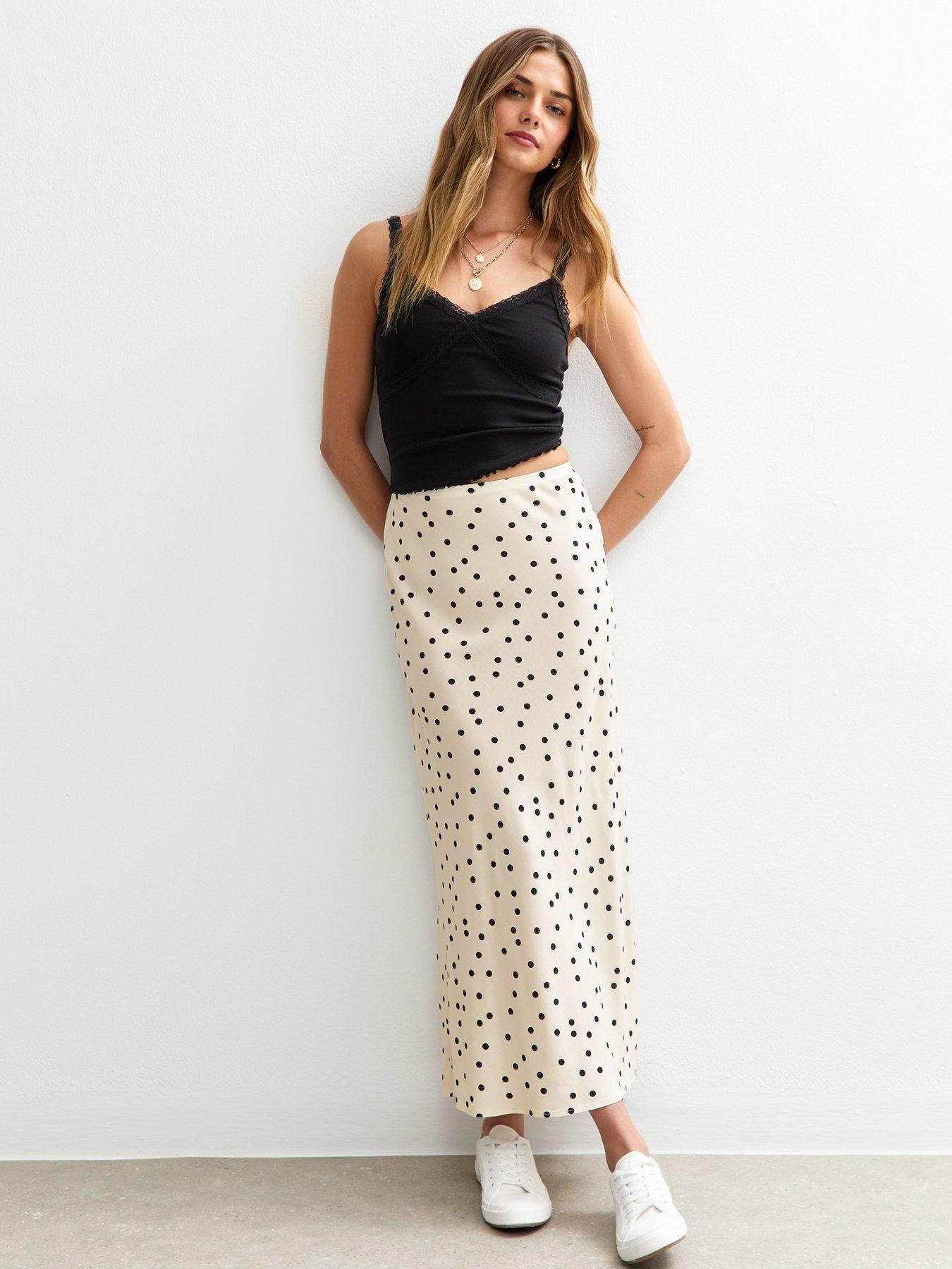 undefined Cream Spot Print Bias Cut Midi Skirt