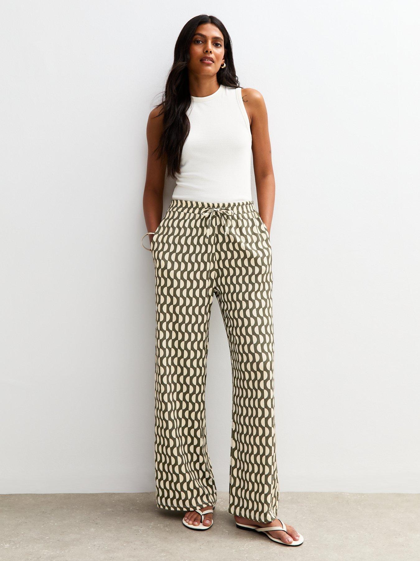 undefined Green Geometric Print Textured Wide Leg Trousers