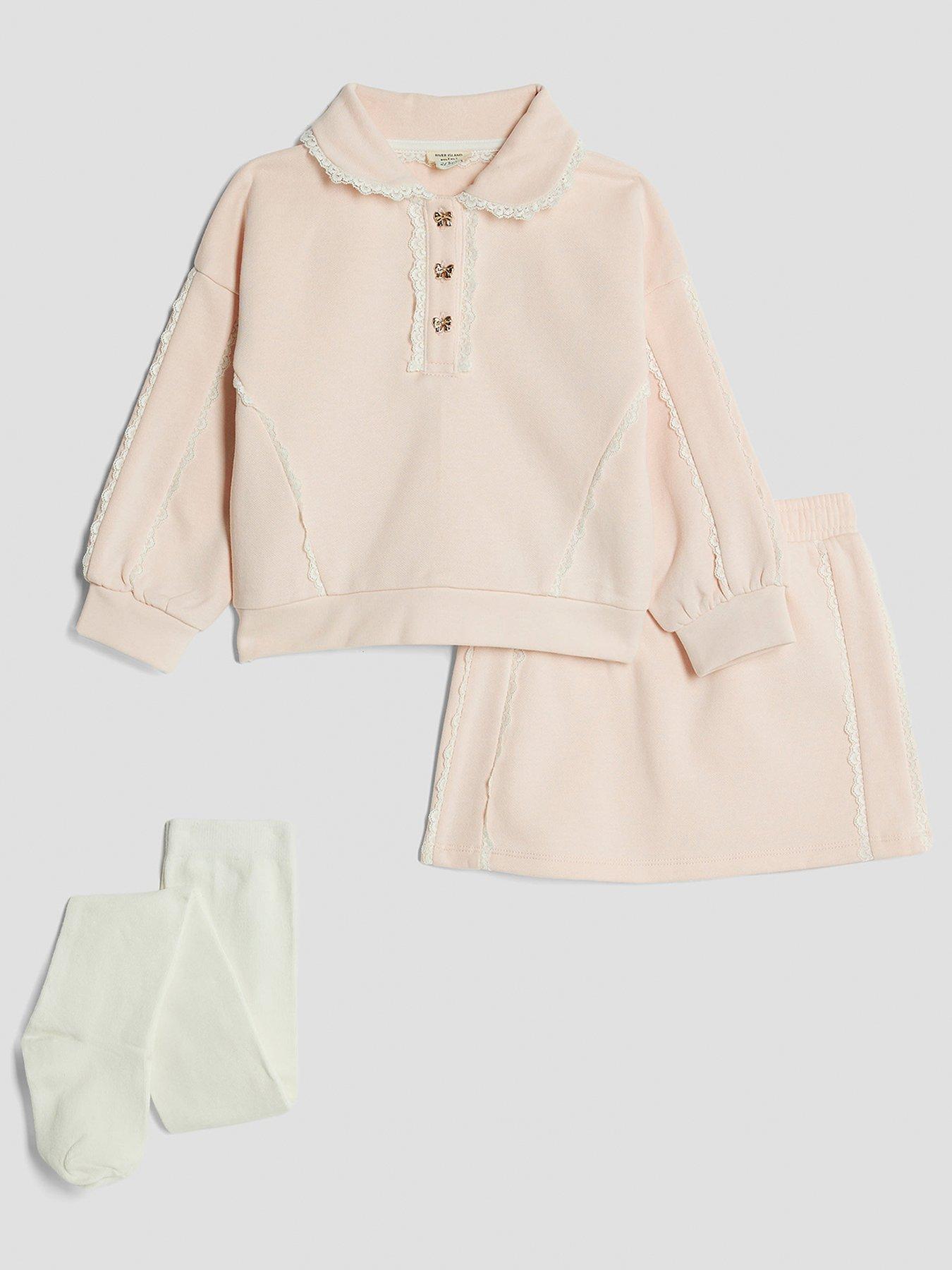 River Island Mini Girls Lace Collar Sweatshirt Set With Tights - Light Pink
