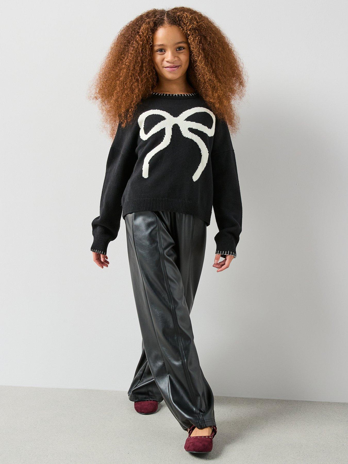 the-very-collection-girls-bow-knit-outfit-with-pu-pants-black