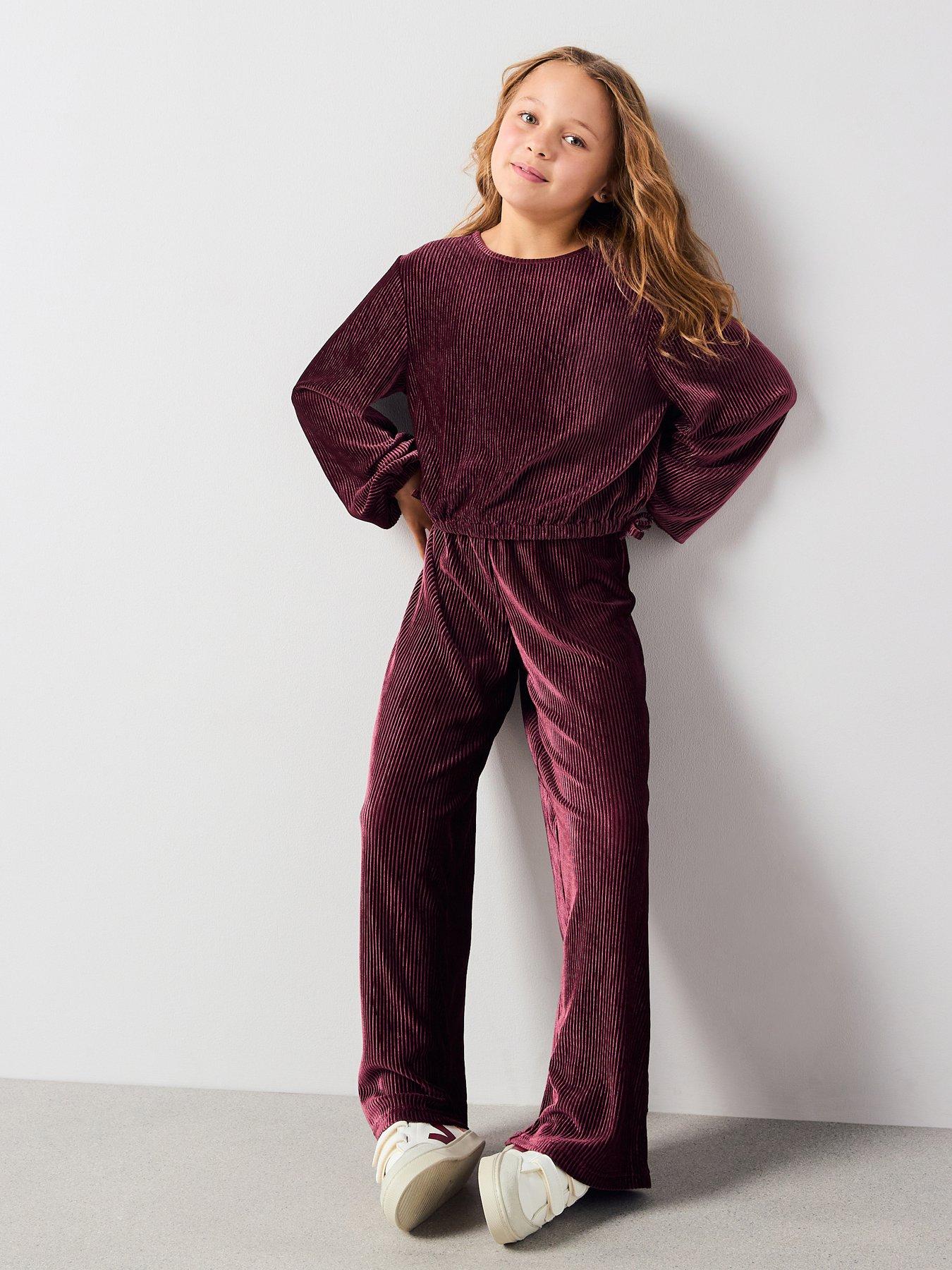 The Very Collection Girls Velvet Plisse Outfit - Burgundy/Red