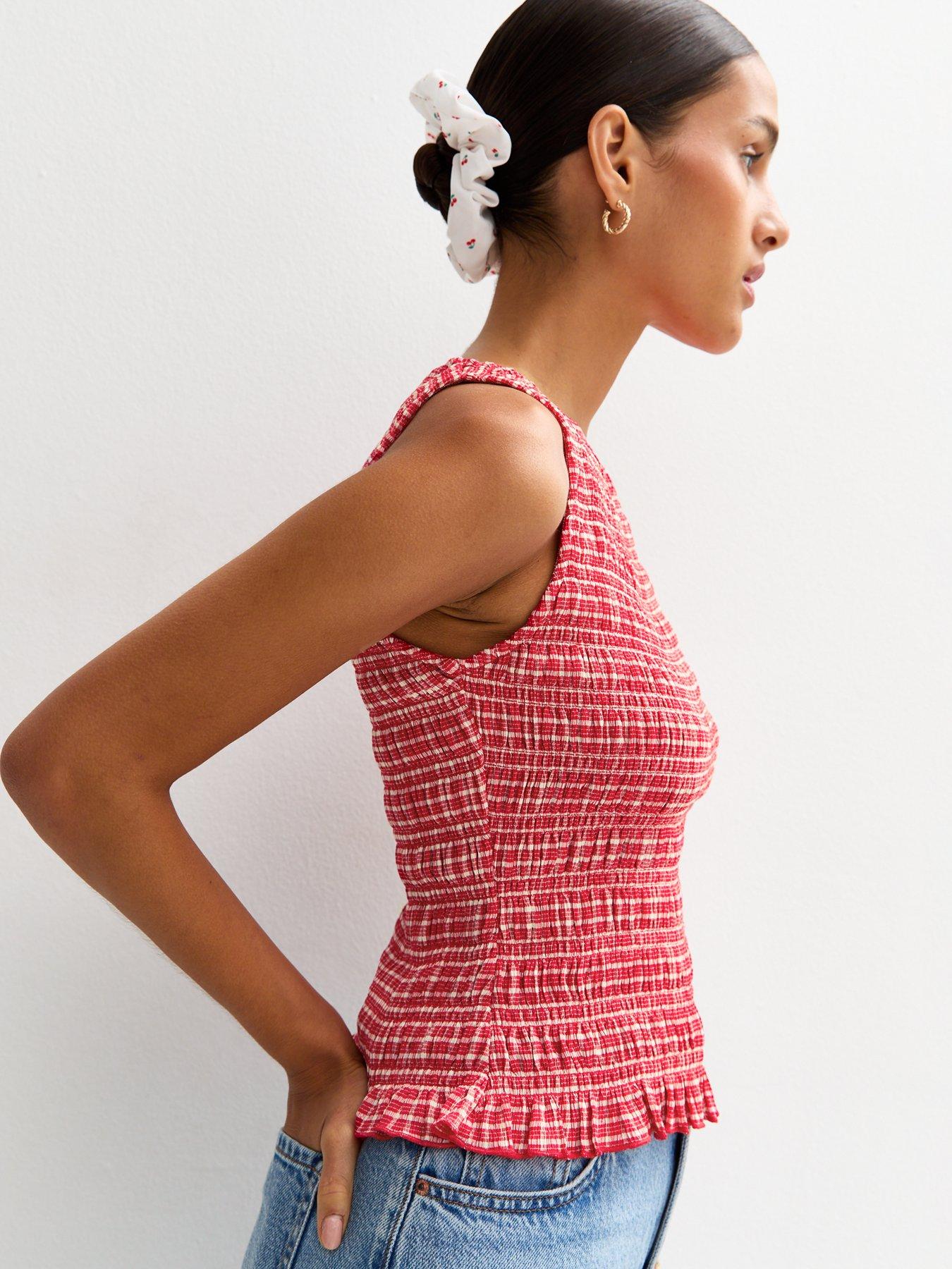New Look Red Check Print Shirred Texture Vest
