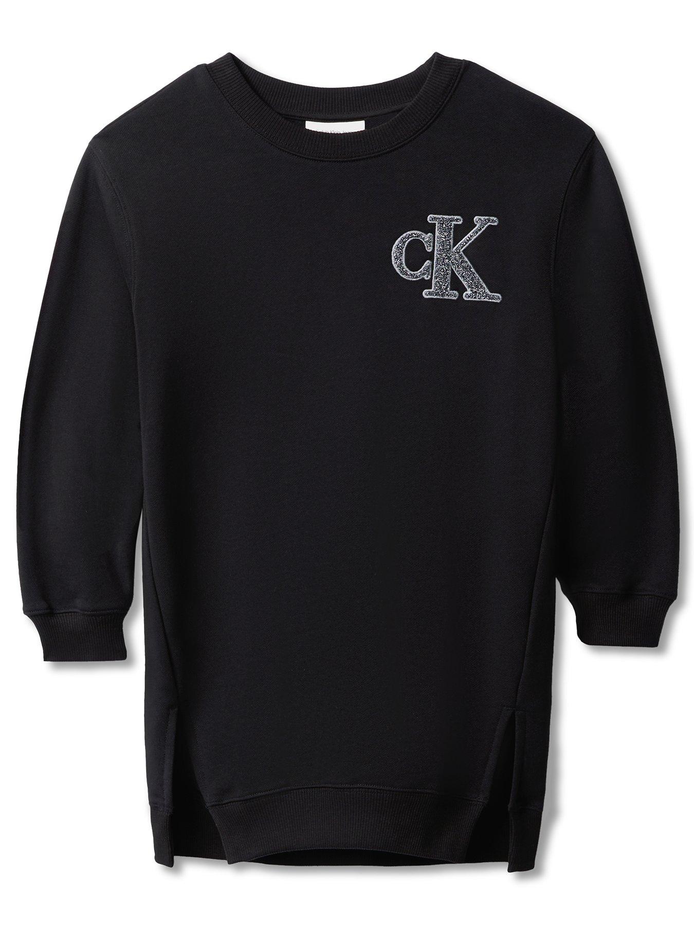Calvin Klein Jeans Girls Monogram Terry Long Sleeve Dress - Black
