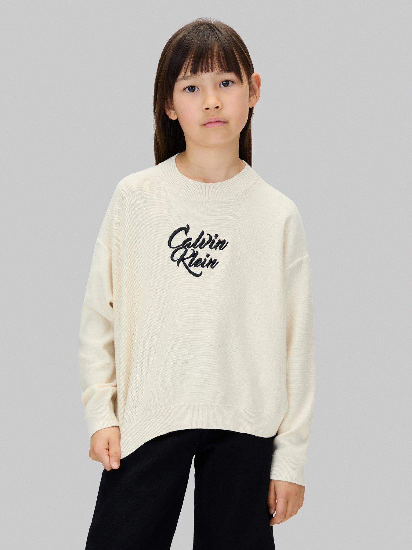 Calvin Klein Jeans Girls Script Logo Graphic Crewneck Jumper - Whitecap Gray