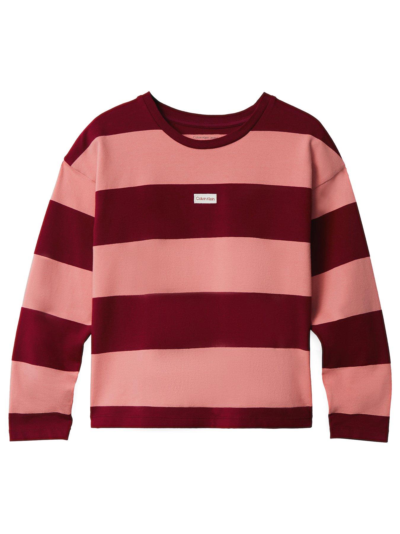 Calvin Klein Jeans Girls Crewneck Stripe Long Sleeve T-Shirt - Raspberry/Apricot