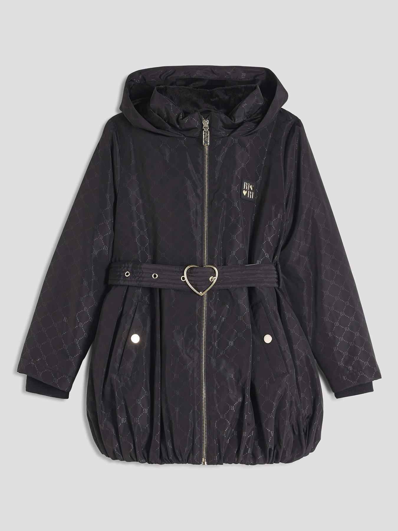 River Island Older Girls Monogram Bubble Hem Coat - Black