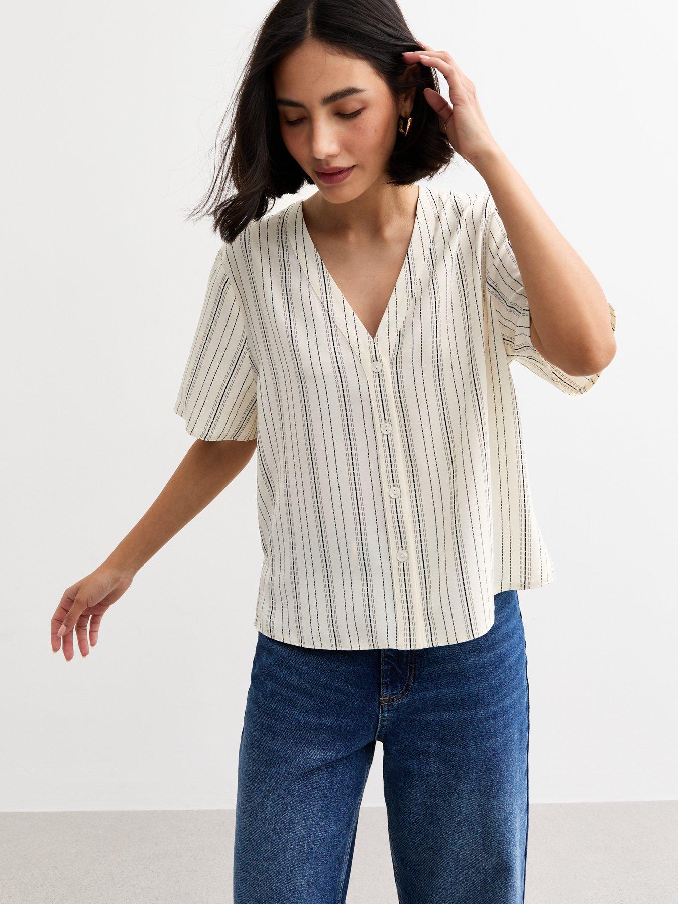 Image 1 of 4 of New Look Cream Striped Button Up Top