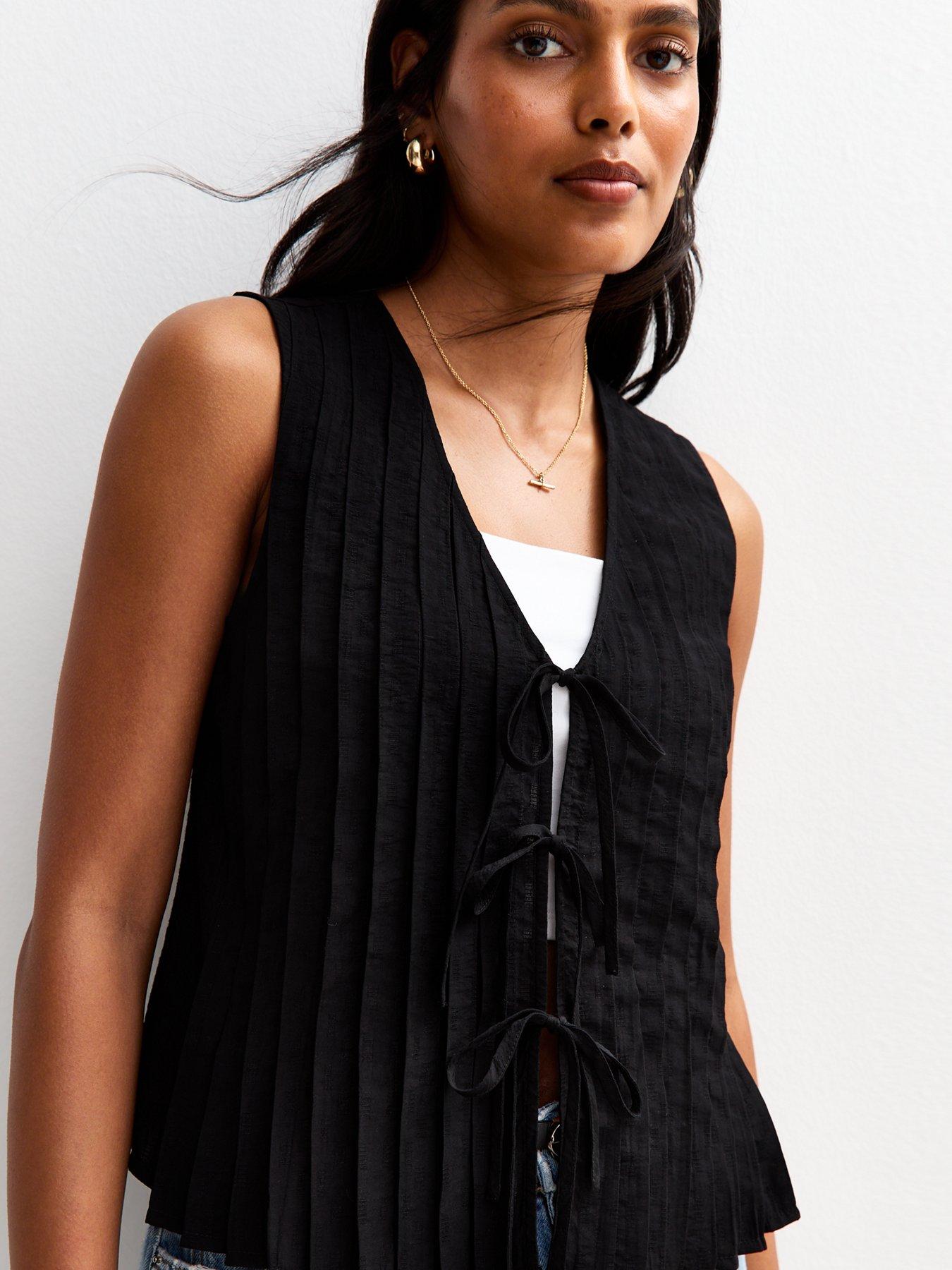 Image 1 of 4 of New Look Black Pleated Tie Front Sleeveless Top