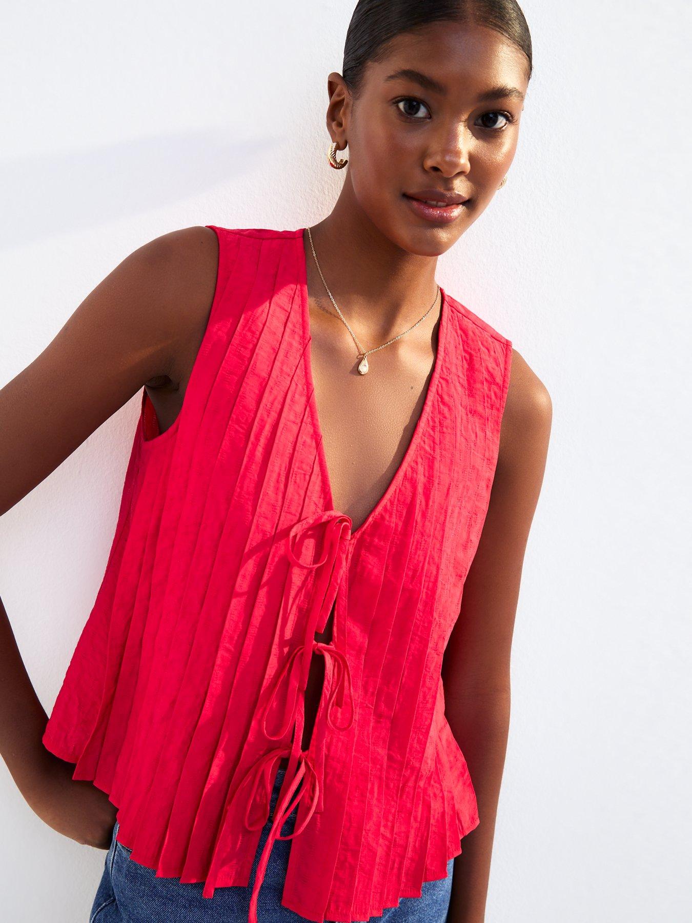 New Look Pleated Tie Front Sleeveless Top - Red