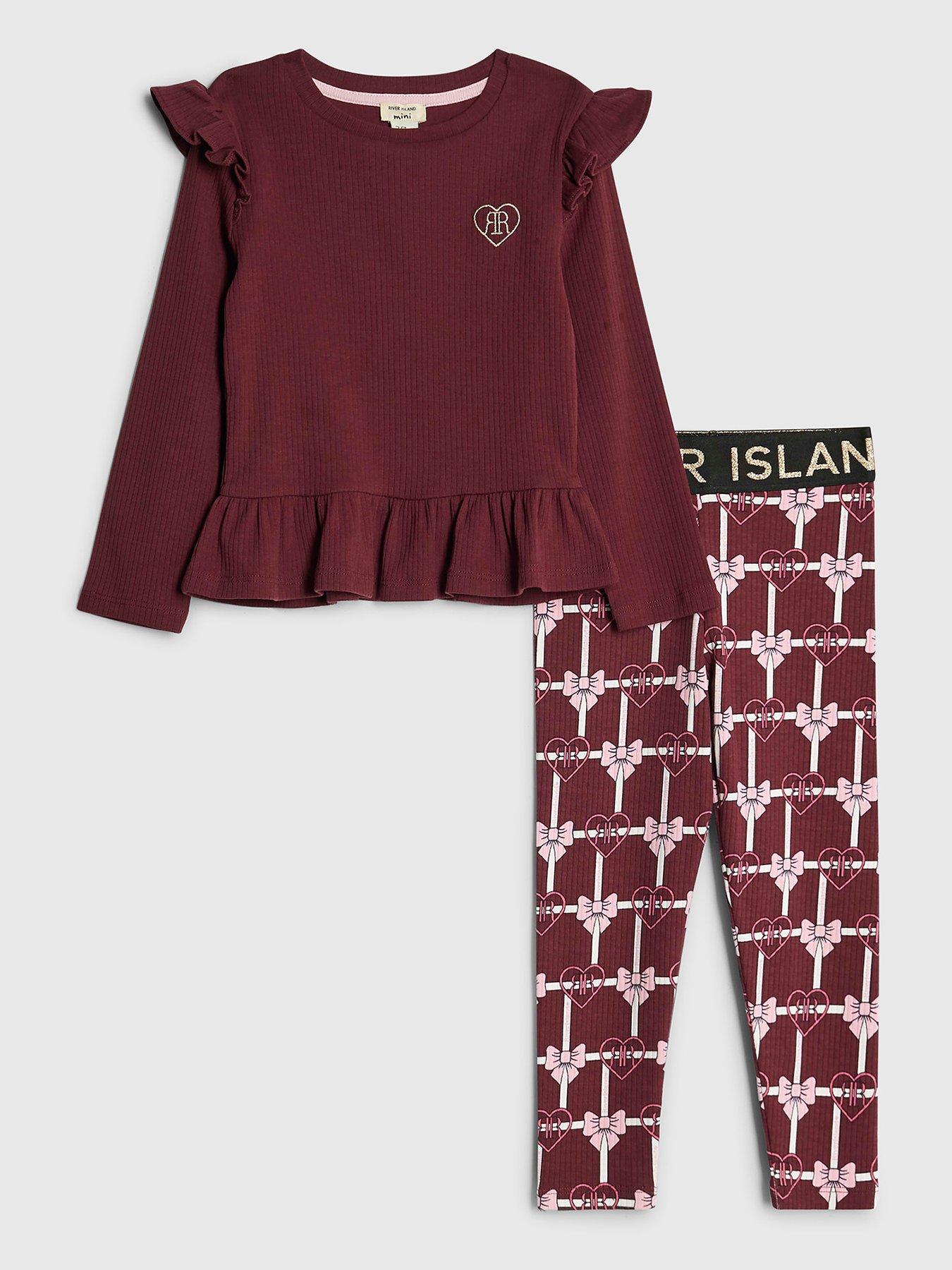 River Island Mini Girls Ribbed Frill Legging Set - Dark Red