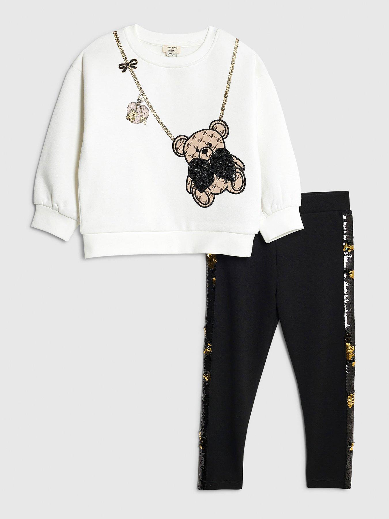 River Island Mini Girls Bear Sequin Bow Sweatshirt Set - White