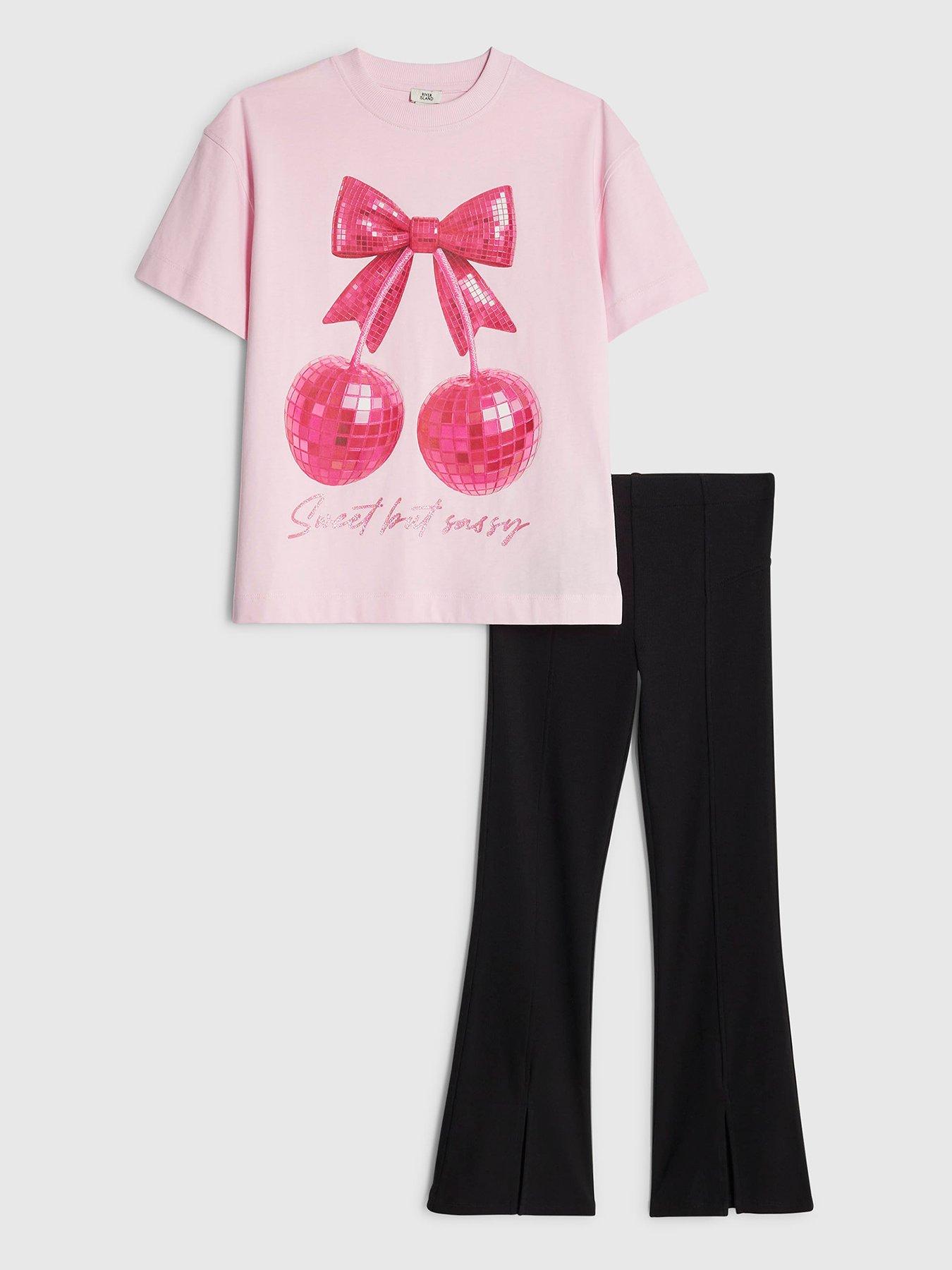River Island Older Girls Disco Cherry Bow T-Shirt Set - Pink