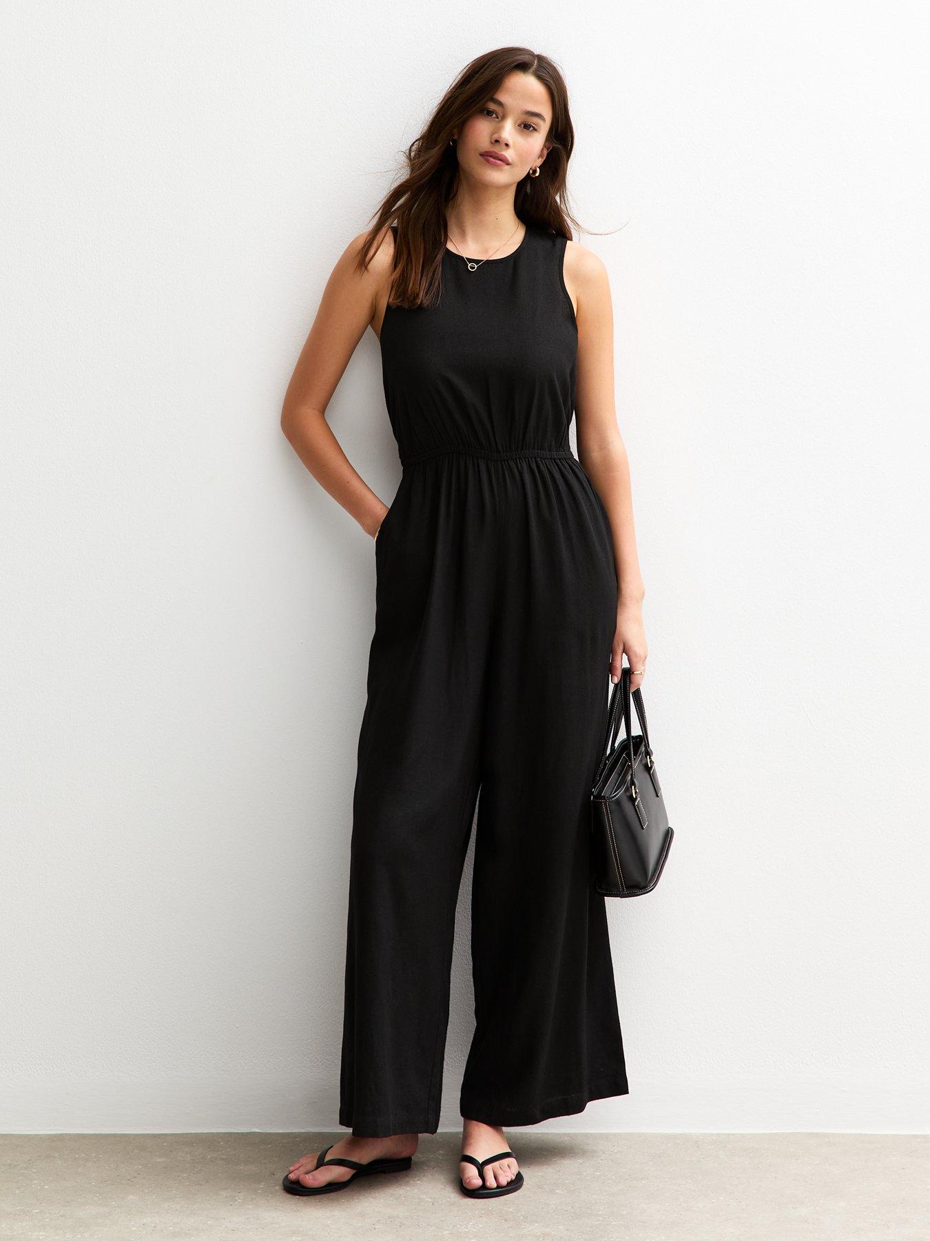 Image 1 of 5 of New Look Black Linen Look Tie Back Jumpsuit