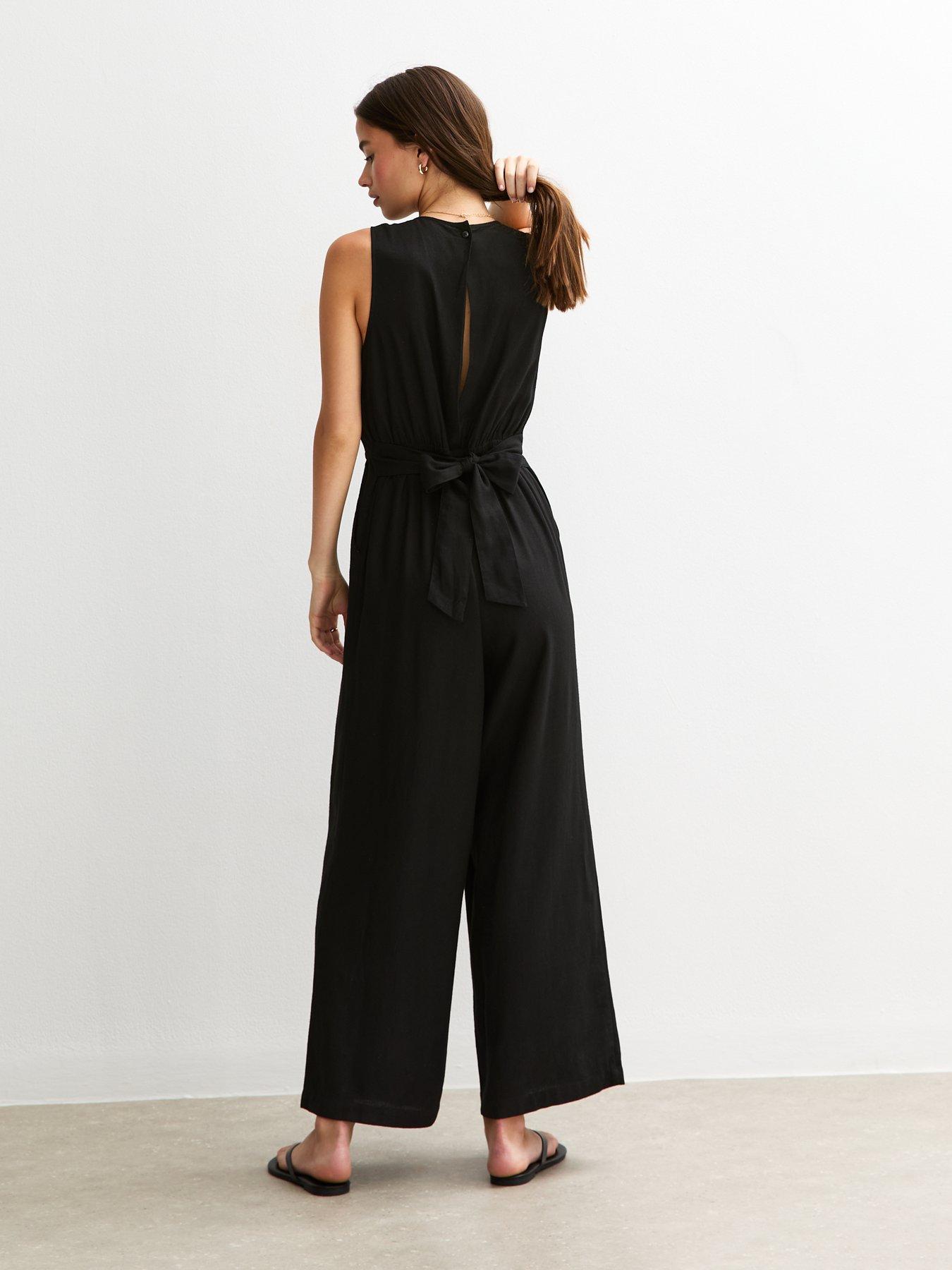 Image 2 of 5 of New Look Black Linen Look Tie Back Jumpsuit