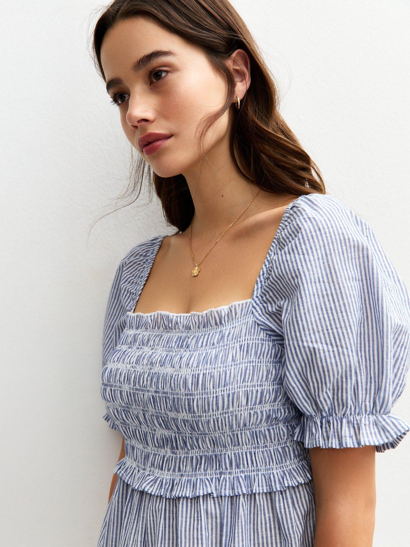 new-look-pattern-striped-embroidered-puff-sleeve-mini-dress-blueoutfit