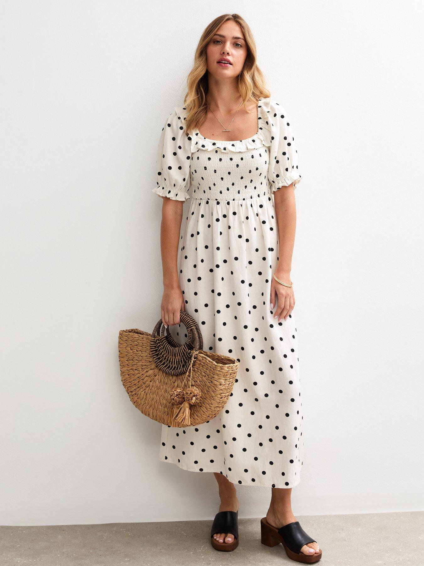white spotted midi dress Sweet Spot Basque Waist Midi Dress