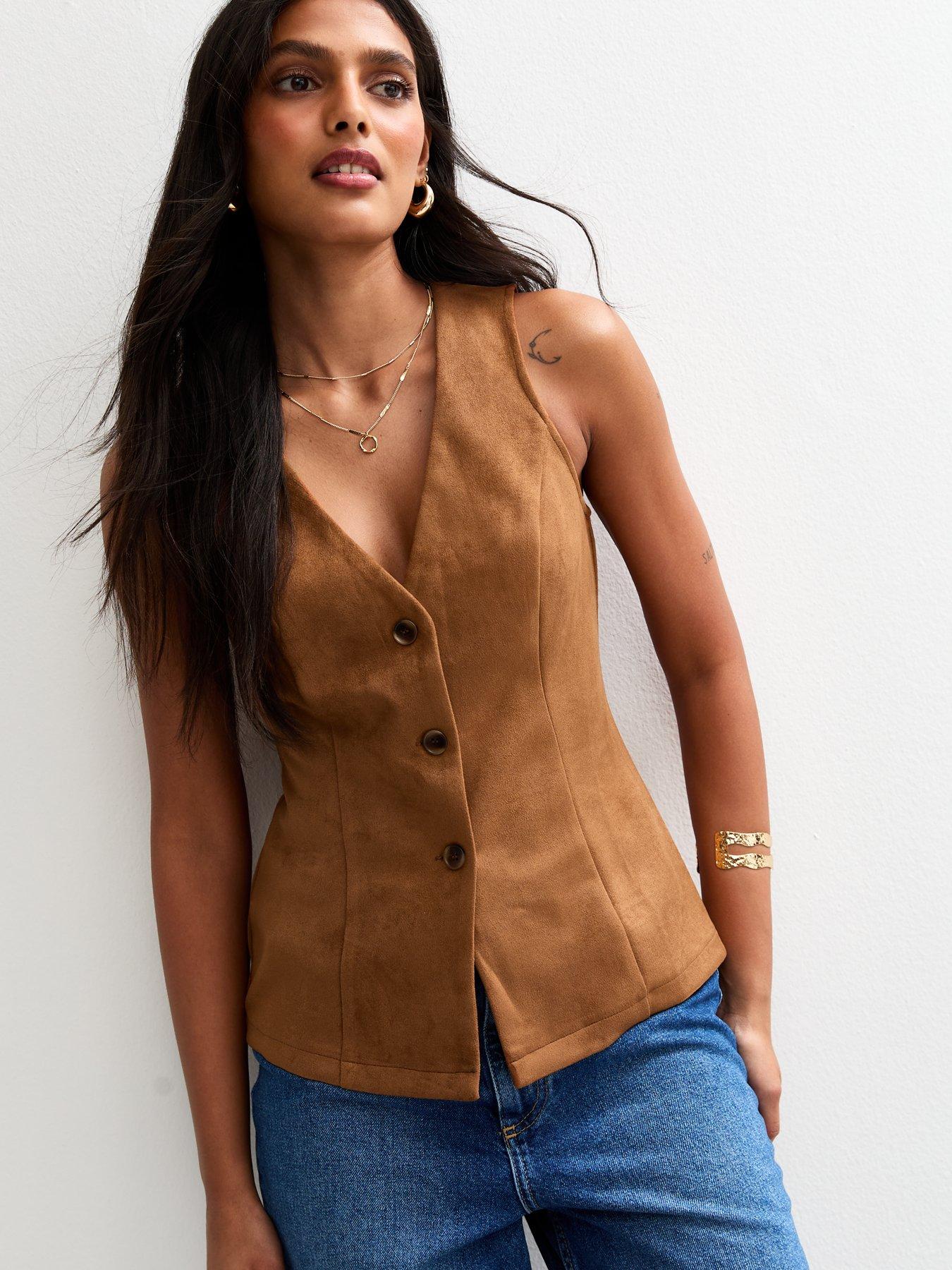 New Look Tan Faux Suede Button Up Waistcoat