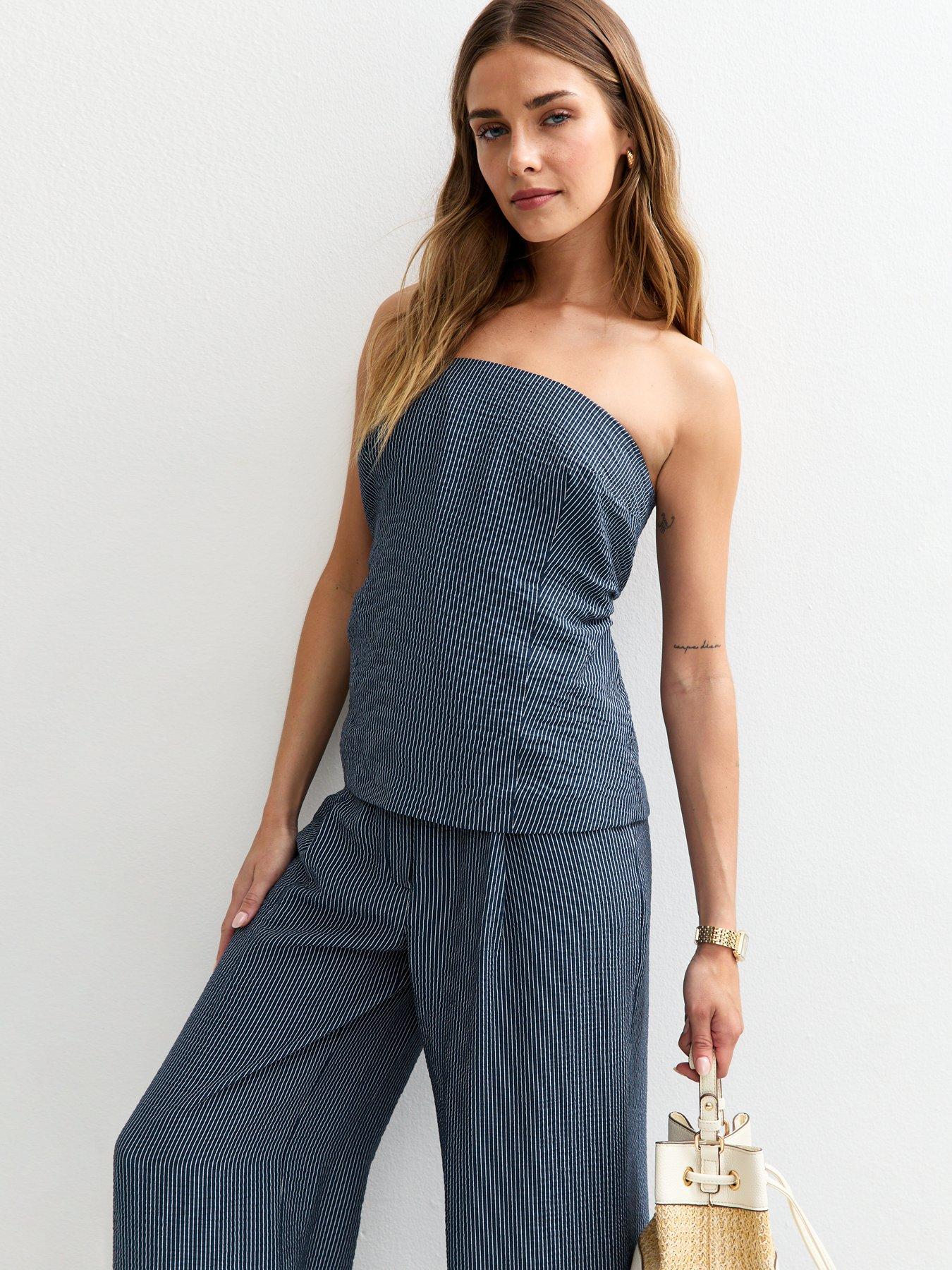 undefined Blue Striped Strapless Bandeau Top
