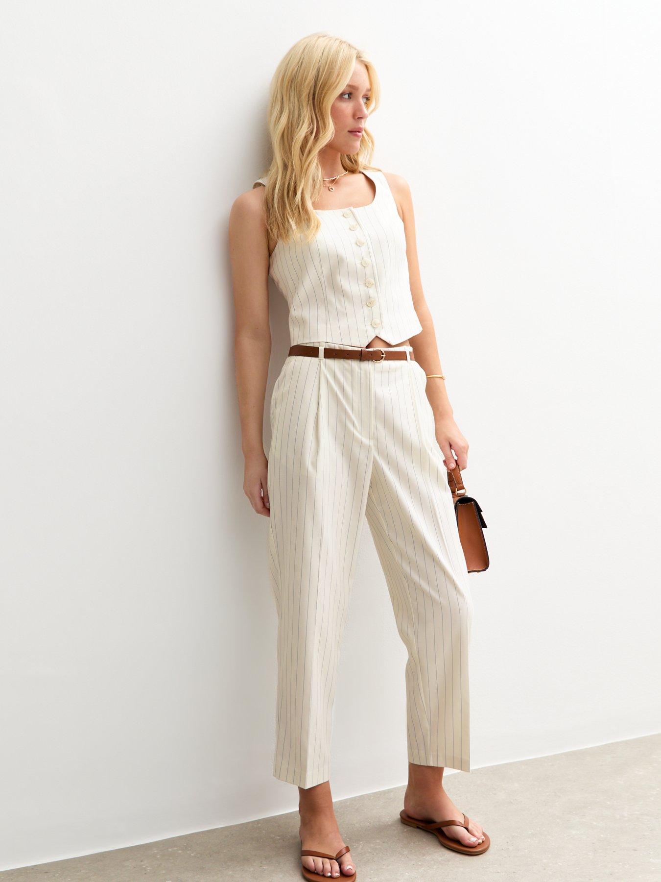 undefined Cream Pinstripe Barrel Leg Belted Tailored Trousers