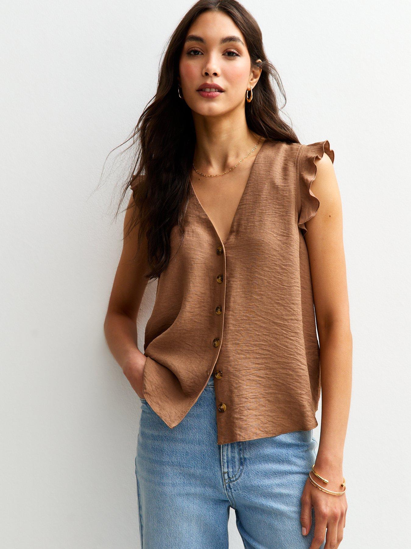 undefined Brown Ruffle Trim Button Up Top
