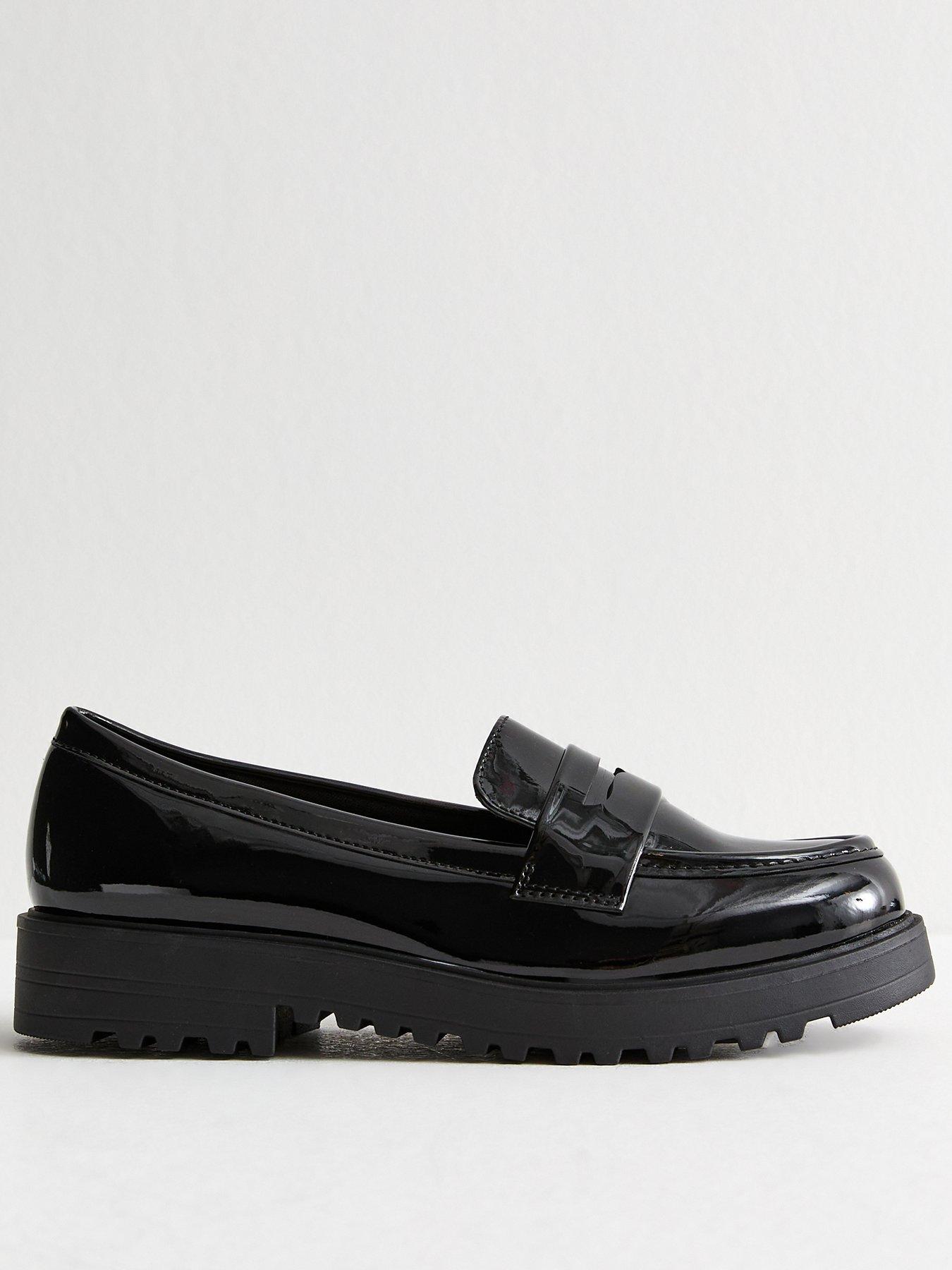 New Look Wide Fit Black Patent Faux Leather Chunky Penny Loafers | Very ...