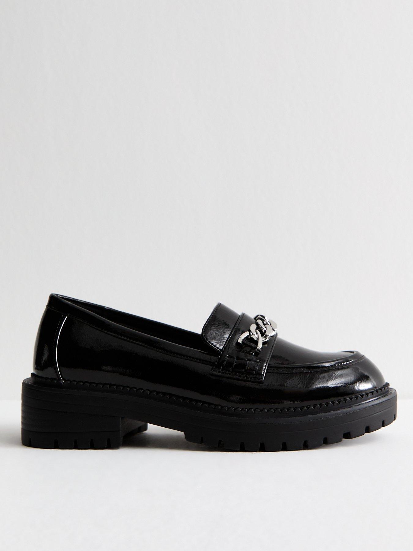 New Look Black Faux Patent Leather Chain Trim Chunky Sole Loafers